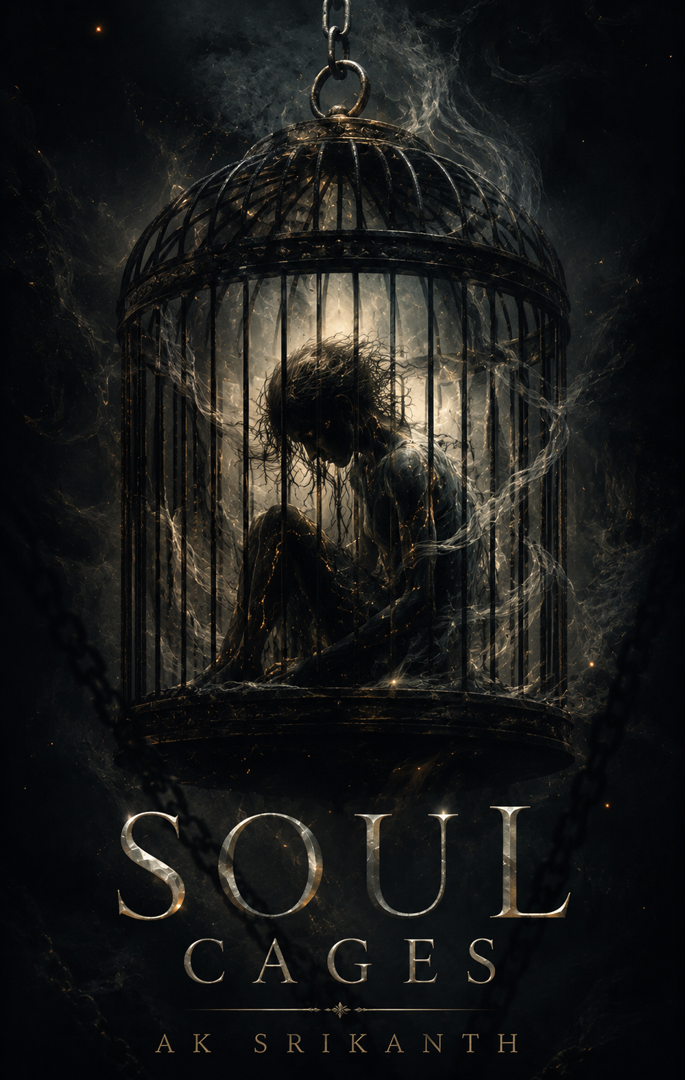 Dark, artistic image of a person with long hair inside a birdcage, surrounded by swirling smoke or energy. The text reads 'Soul Cages' and 'AK Srikanth' at the bottom.