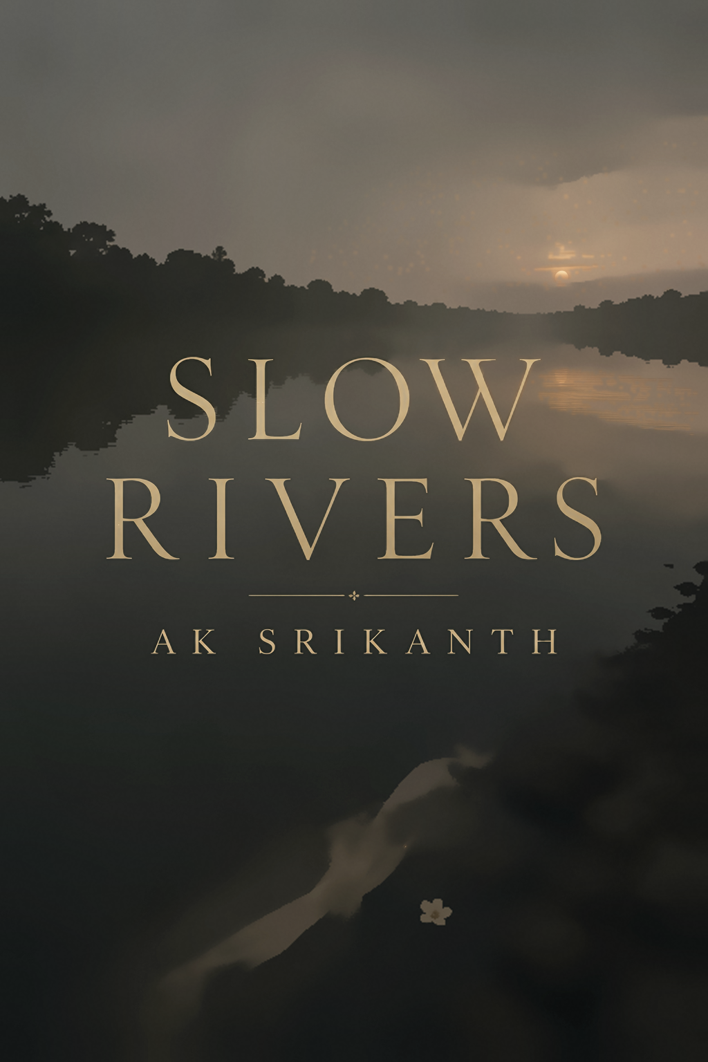 Book cover titled 'Slow Rivers' by AK Srikanth, showing a river at sunset or sunrise with dark trees along the banks and a cloudy sky.