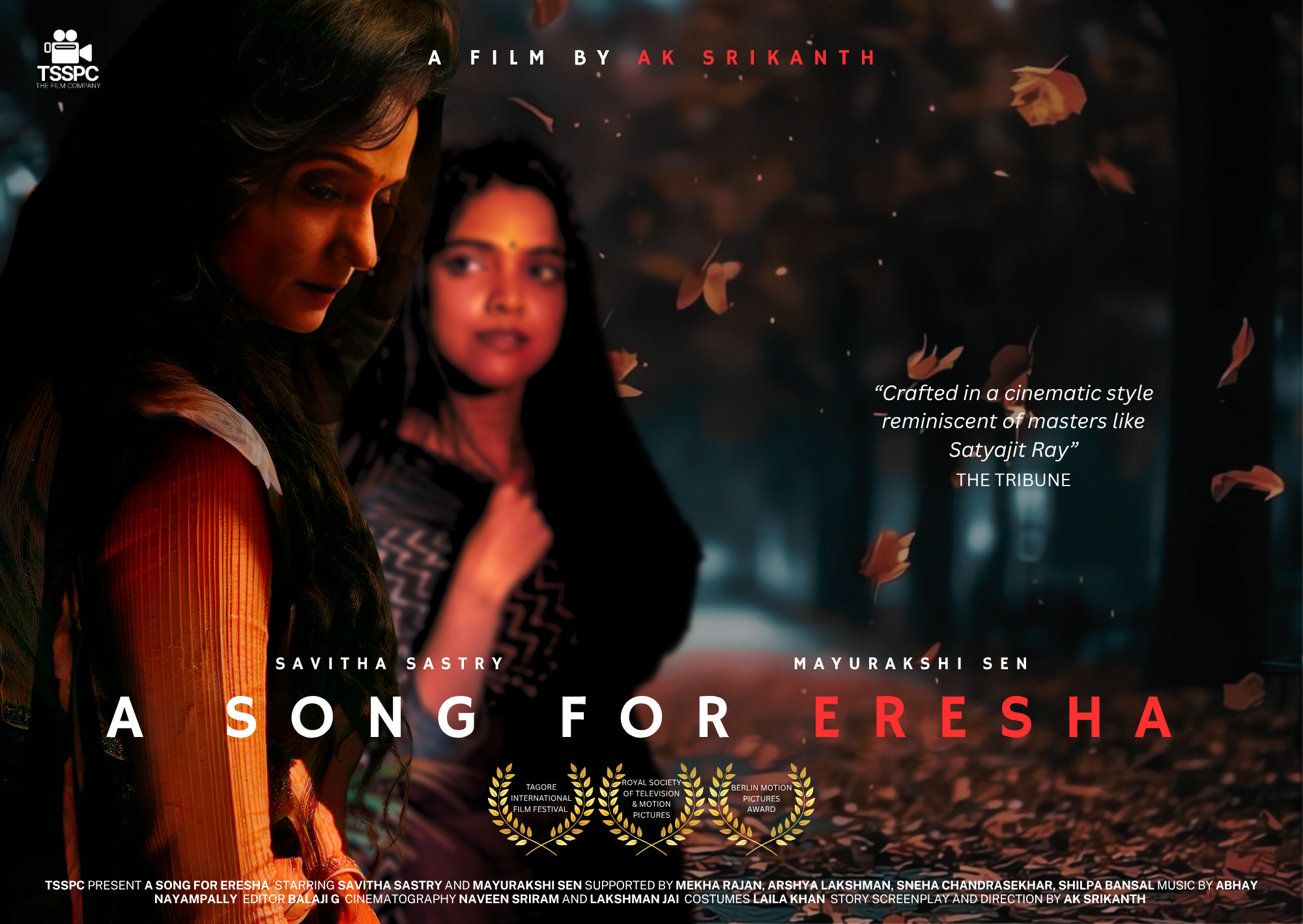 Poster for the film "A Song for Eresha" featuring two women with dark hair, one with long curly hair and the other with straight hair, walking through a forest with falling leaves.
