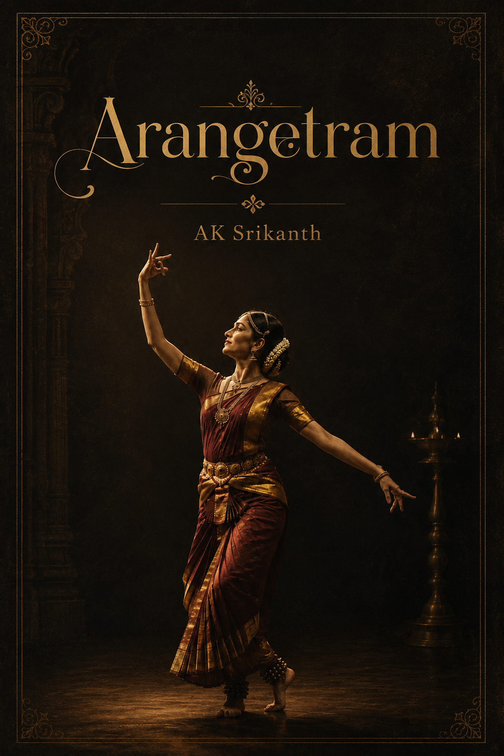 A woman dressed in traditional Indian attire, performing a classical dance pose in a dimly lit, ornate setting with traditional decor and a brass lamp in the background.
