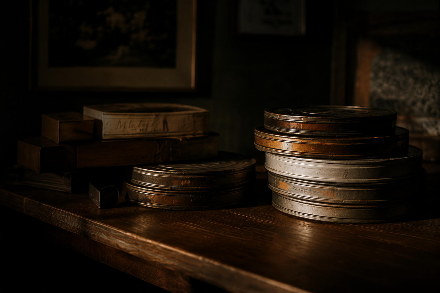 Stacks of vintage film reels and boxes on a wooden table in a dimly lit room.
