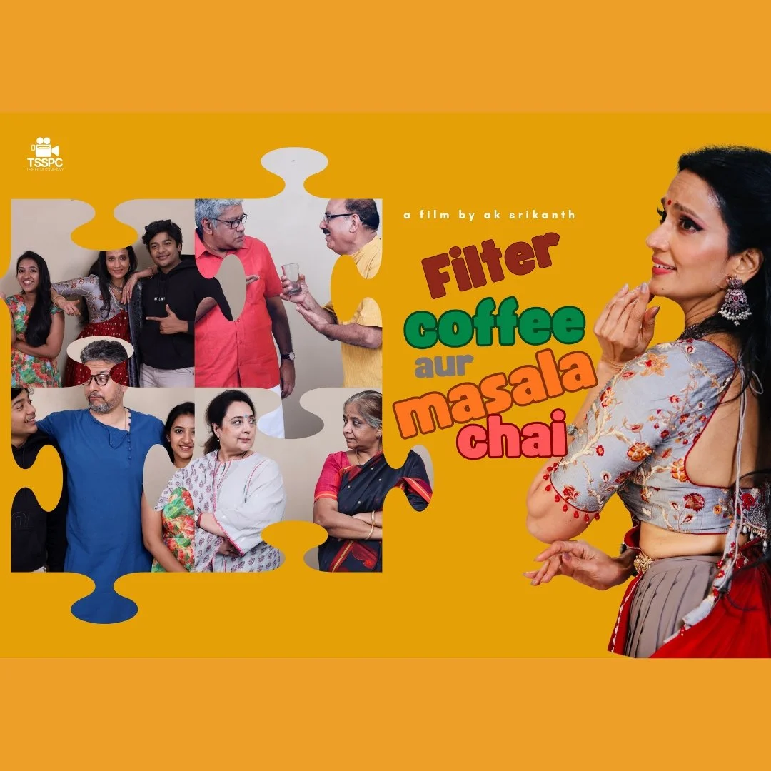 A promotional poster for a film titled 'Filter Coffee aur Masala Chai' by Srikanth. The poster features a large woman dressed in traditional attire on the right, with a thoughtful expression, and a collage of scenes with various people on the left, including a woman in traditional clothing, a man in dark glasses, and others engaging in conversation, all set against a mustard yellow background with puzzle-piece shapes.