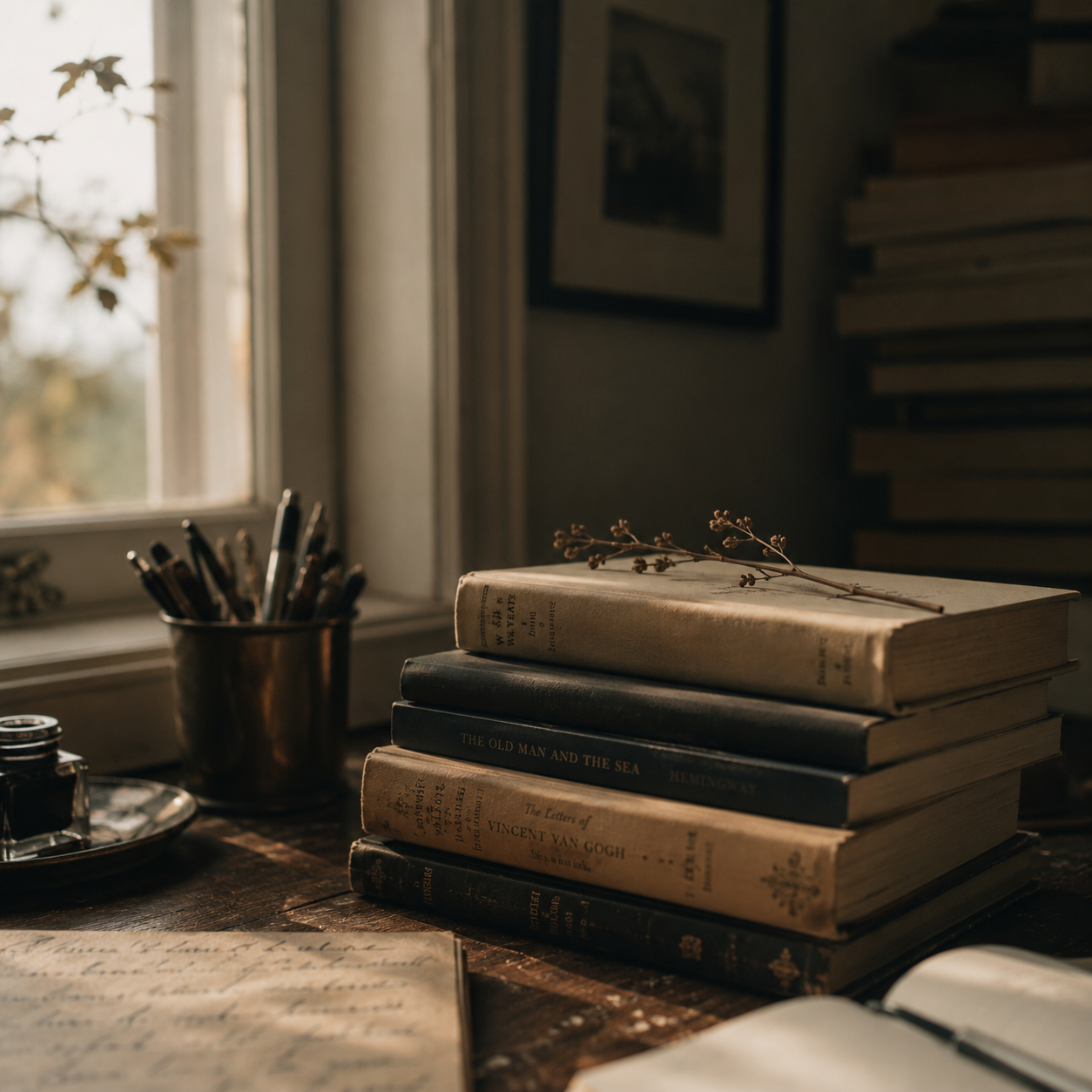 A stack of books with a dried flower resting on top, placed on a wooden table near a window. There is a metal cup filled with pens and an ink bottle on a small tray nearby.
