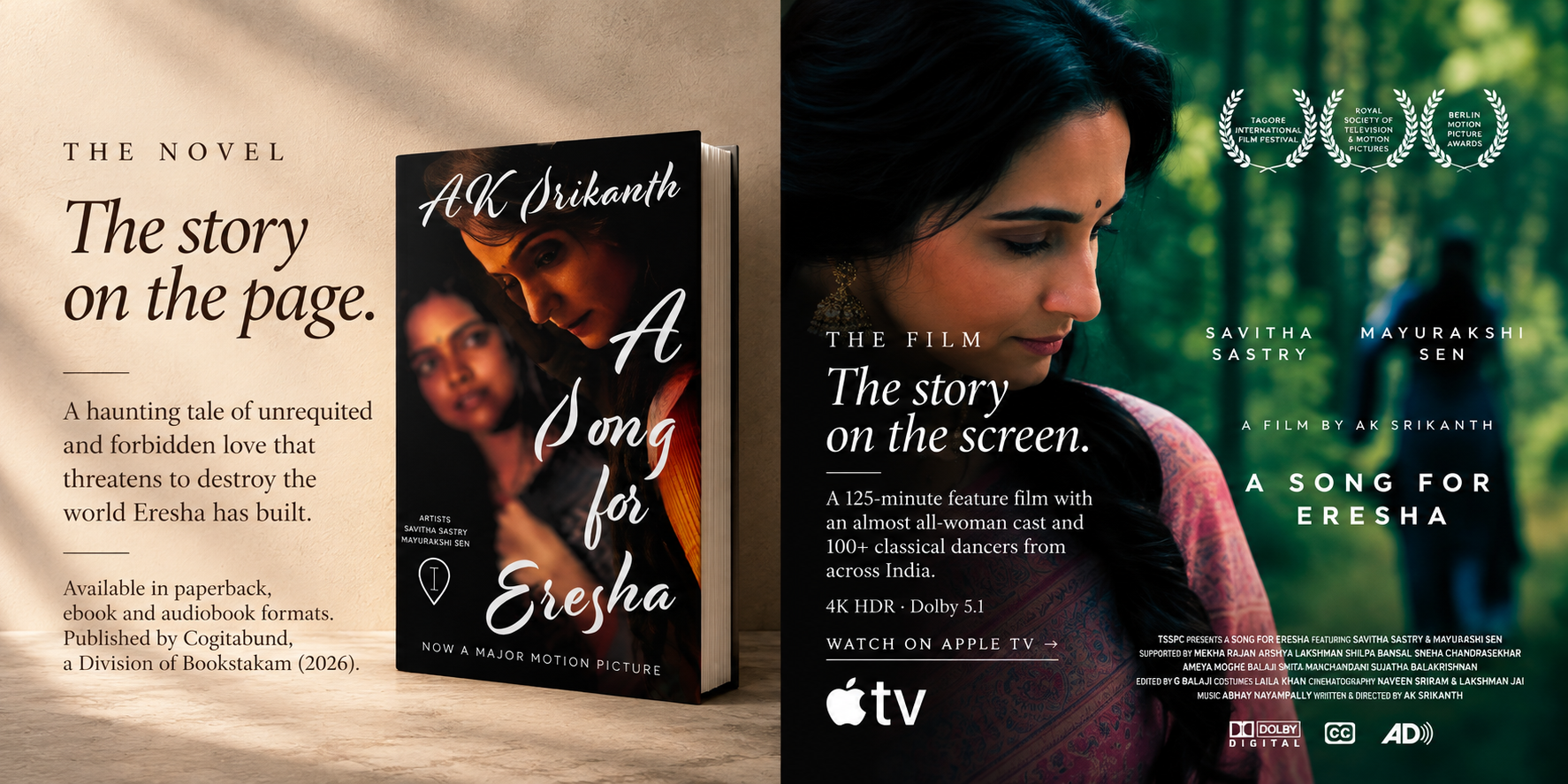 Split promotional poster for the film "A Song for Eresha." Left side shows a beige background with text about the novel, and a 3D view of the book cover featuring two women, one in the foreground and one in the background. The right side features a woman with dark hair, looking down, against a green, blurred outdoor background with text information about the film, awards, cast, and production details, as well as logos for Apple TV and Dolby.