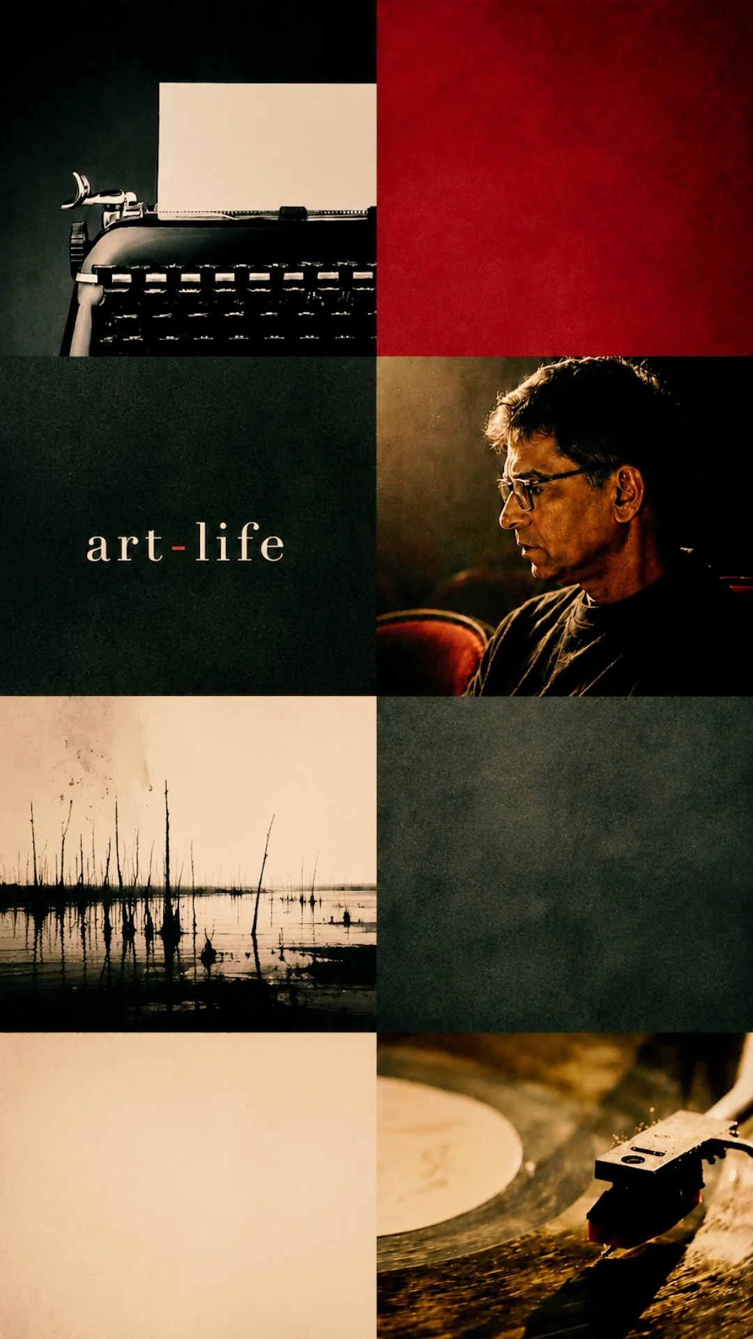 A collage of six images; top left shows a vintage typewriter with a sheet of paper, top right is a plain red background, middle left contains the text 'art-life', middle right features author and filmmaker AK Srikanth.