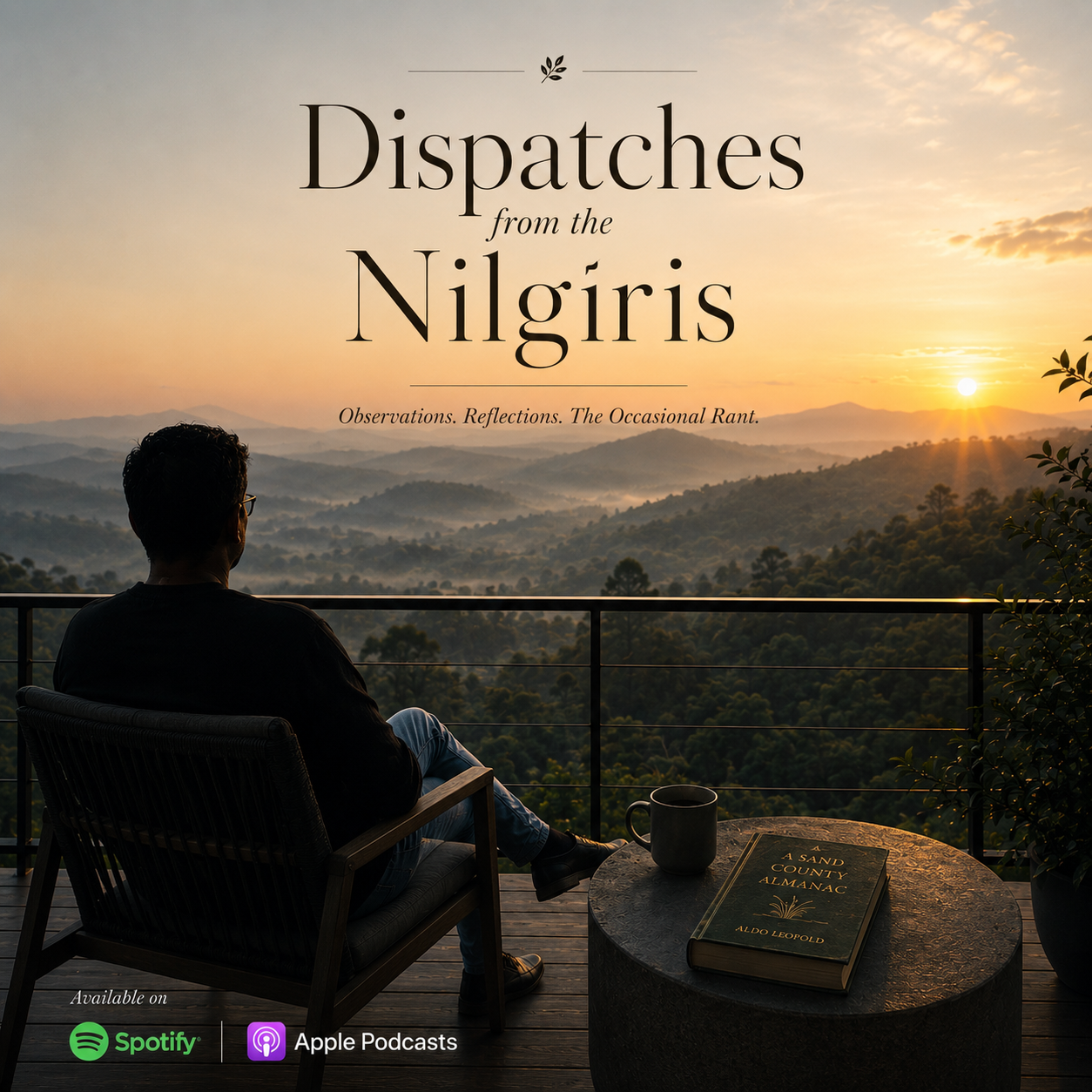 A person sitting on a chair on a balcony overlooking a mountain view during sunset, with a book titled 'A Sand County Almanac' and a mug on a table in front. The image promotes a podcast titled 'Dispatches from the Nilgiris' about observations, reflections, and occasional rants, available on Spotify and Apple Podcasts.