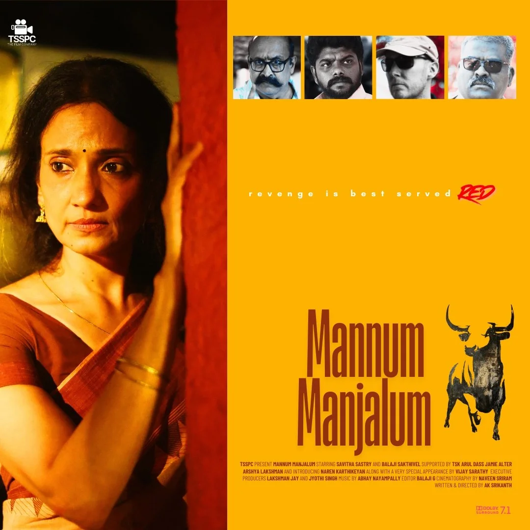 Movie poster for Mannum Manjalum featuring a woman looking pensive, four men at the top, a black bull illustration, and the tagline "Revenge is best served RED."