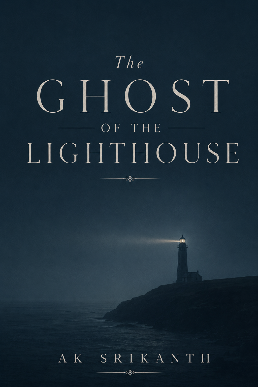Book cover titled 'The Ghost of the Lighthouse' by A K Srikanth, featuring a lighthouse on a dark, foggy night with its beam of light.