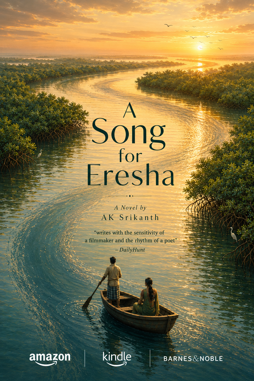 Cover of the book titled 'A Song for Eresha' showing a boat with two people rowing on a winding river at sunset, surrounded by lush greenery and trees, with birds flying in the sky.