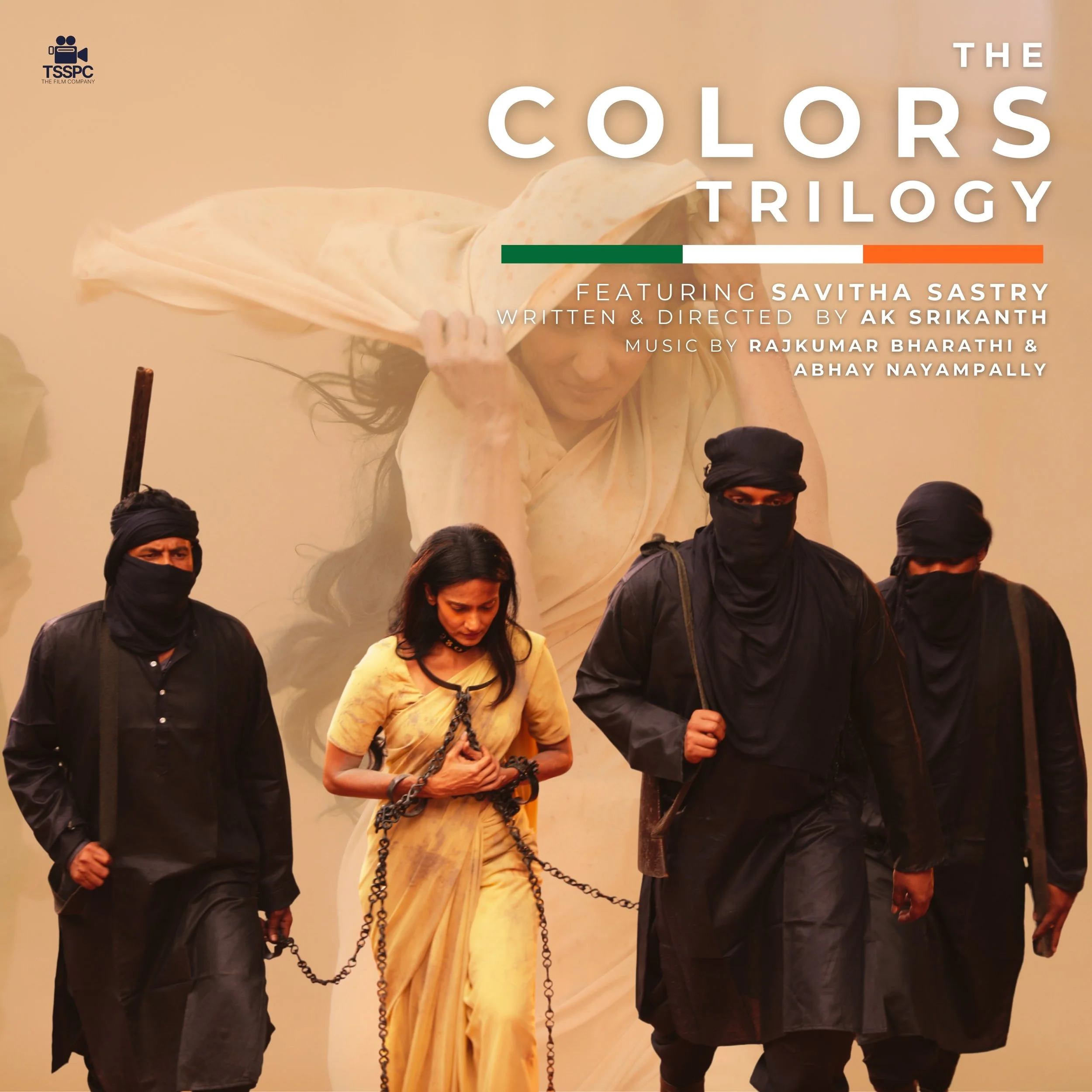 Movie poster for 'The Colors Trilogy' featuring a woman in yellow with her hands chained, flanked by three men in black with covered faces.