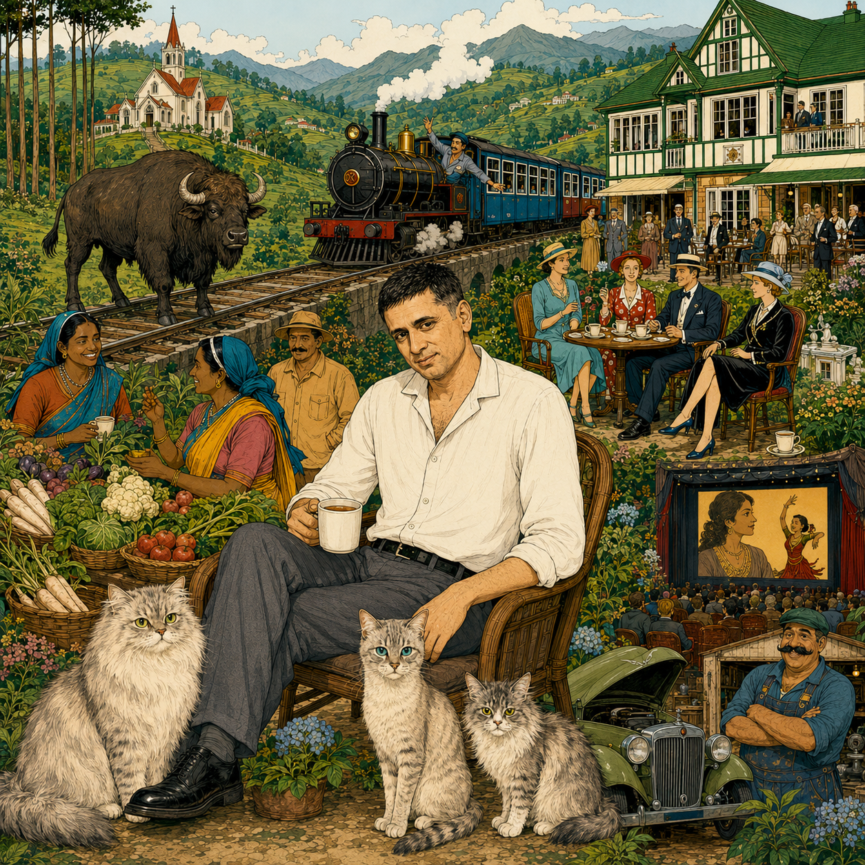 A lively vintage scene with a man sitting and drinking tea surrounded by cats and plants in the foreground. Behind him, fields of vegetables and two women in colorful sarees are engaged in conversation. In the background, there are people enjoying tea at an outdoor garden restaurant, a steam train passing over a bridge with a buffalo nearby, and a large church atop a hill. An outdoor theater shows a woman performing, and a man in overalls stands next to an old car. The scene is set in a lush, green rural landscape with mountains in the distance.