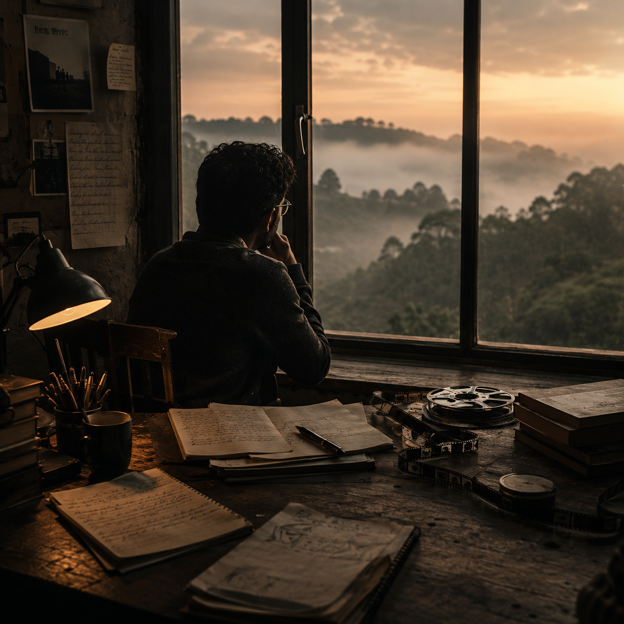 Person sitting at a wooden desk indoors, looking out of a window at a misty forested landscape during sunset, surrounded by notebooks, a pen, and film reels.