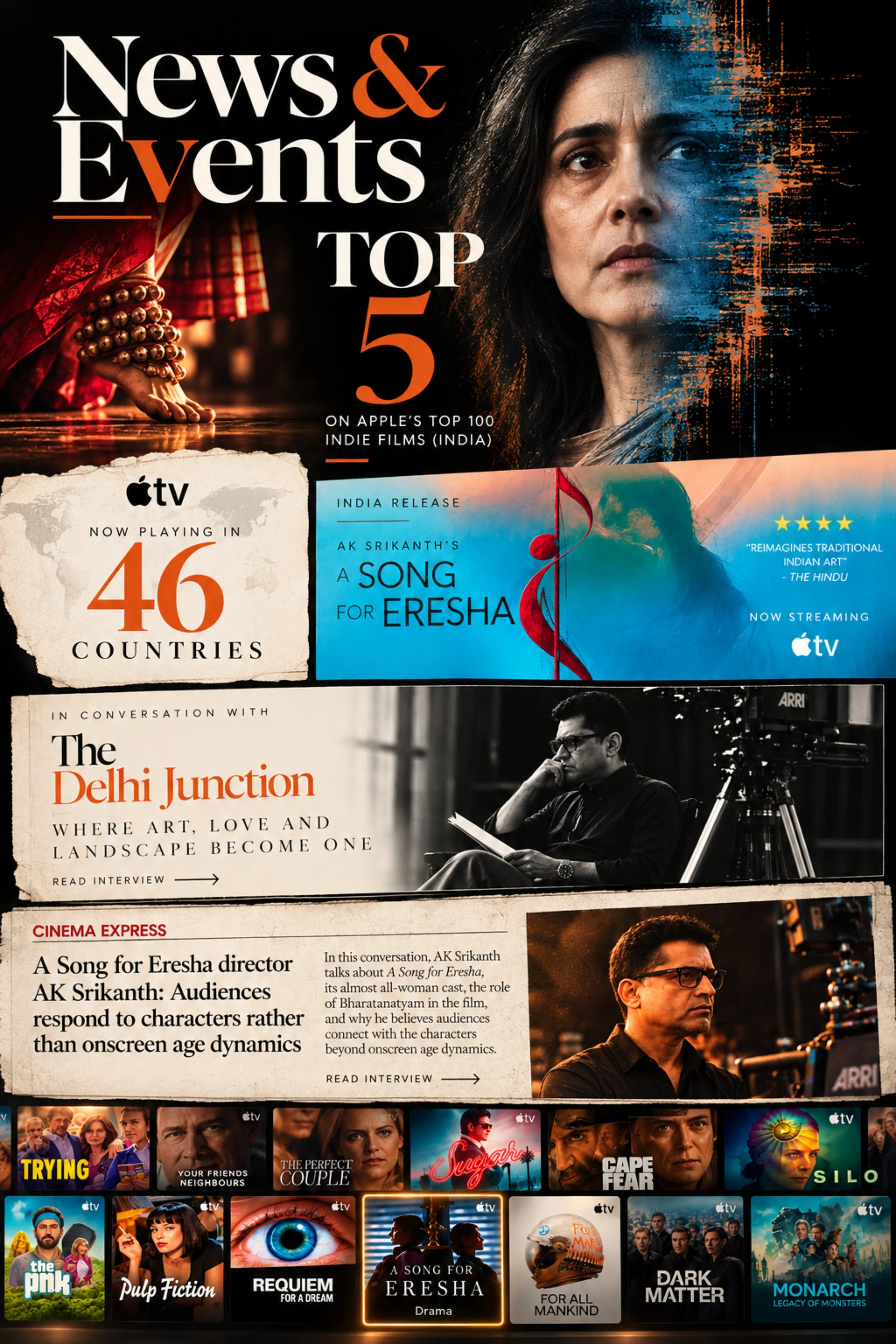 The image shows a collage of promotional posters for movies and TV shows, focusing on Indian cinema. It features various scenes, with some images of actors, faces, and promotional text for different films, mainly in vibrant colors.
