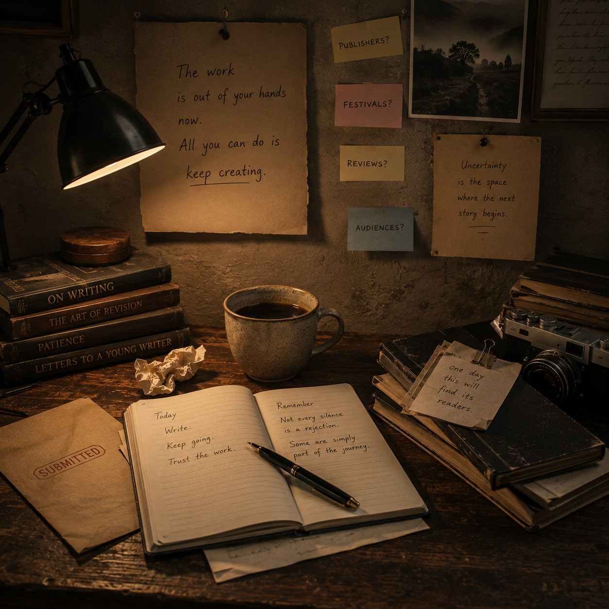 A cluttered writing desk illuminated by a desk lamp, with a cup of coffee, a notebook with handwritten notes, books, crumpled paper, and notes with motivational quotes and questions about publishing, festivals, reviews, and audiences pinned on the wall.