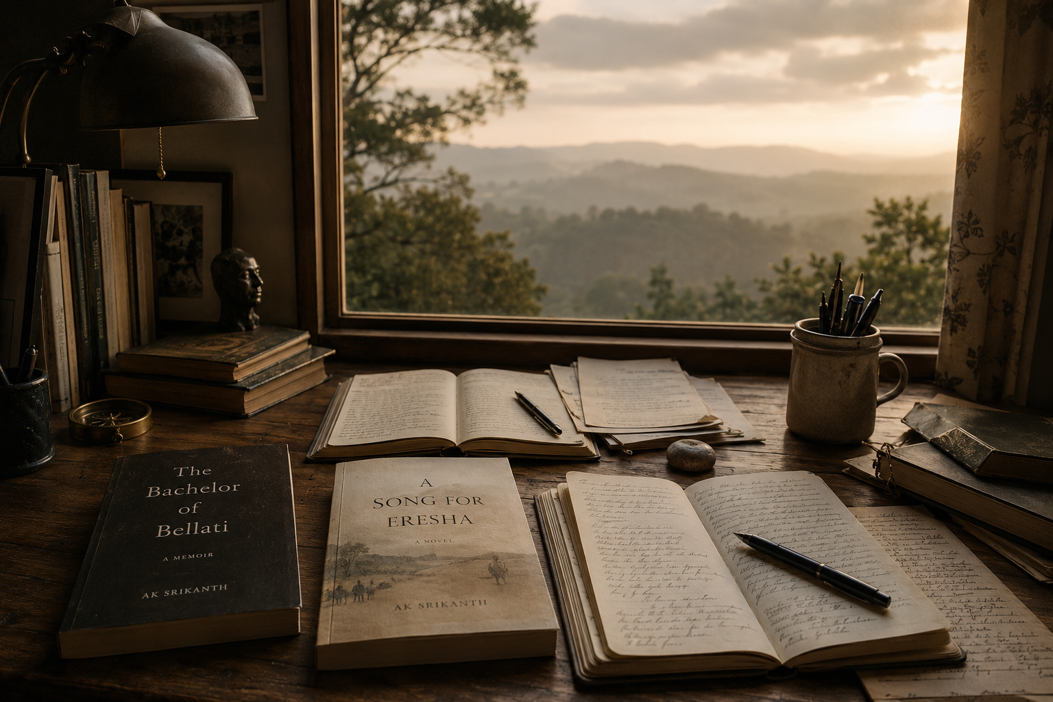 A wooden desk with open books, notebooks, and handwritten papers, a pen, a pebbles, a mug filled with pens, and a window overlooking a landscape with trees and mountains, during sunset.