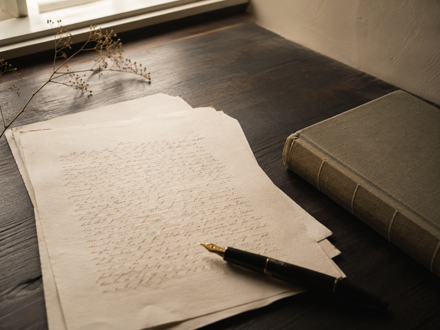 Old handwritten letter on paper with a fountain pen, a dried flower, and a closed vintage book on a wooden desk near a window.
