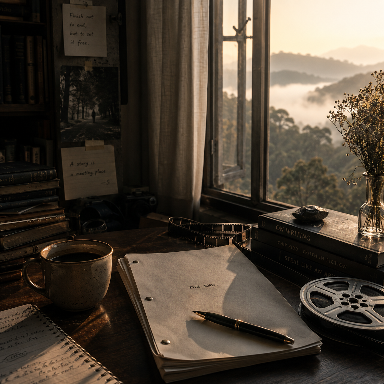A cozy workspace with a desk near an open window overlooking a misty forested mountainside at sunrise. The desk has a cup of coffee, notebooks, a pen, some stacked books, a film reel, and a glass vase with dried flowers. There are handwritten notes and photographs pinned on the wall nearby.