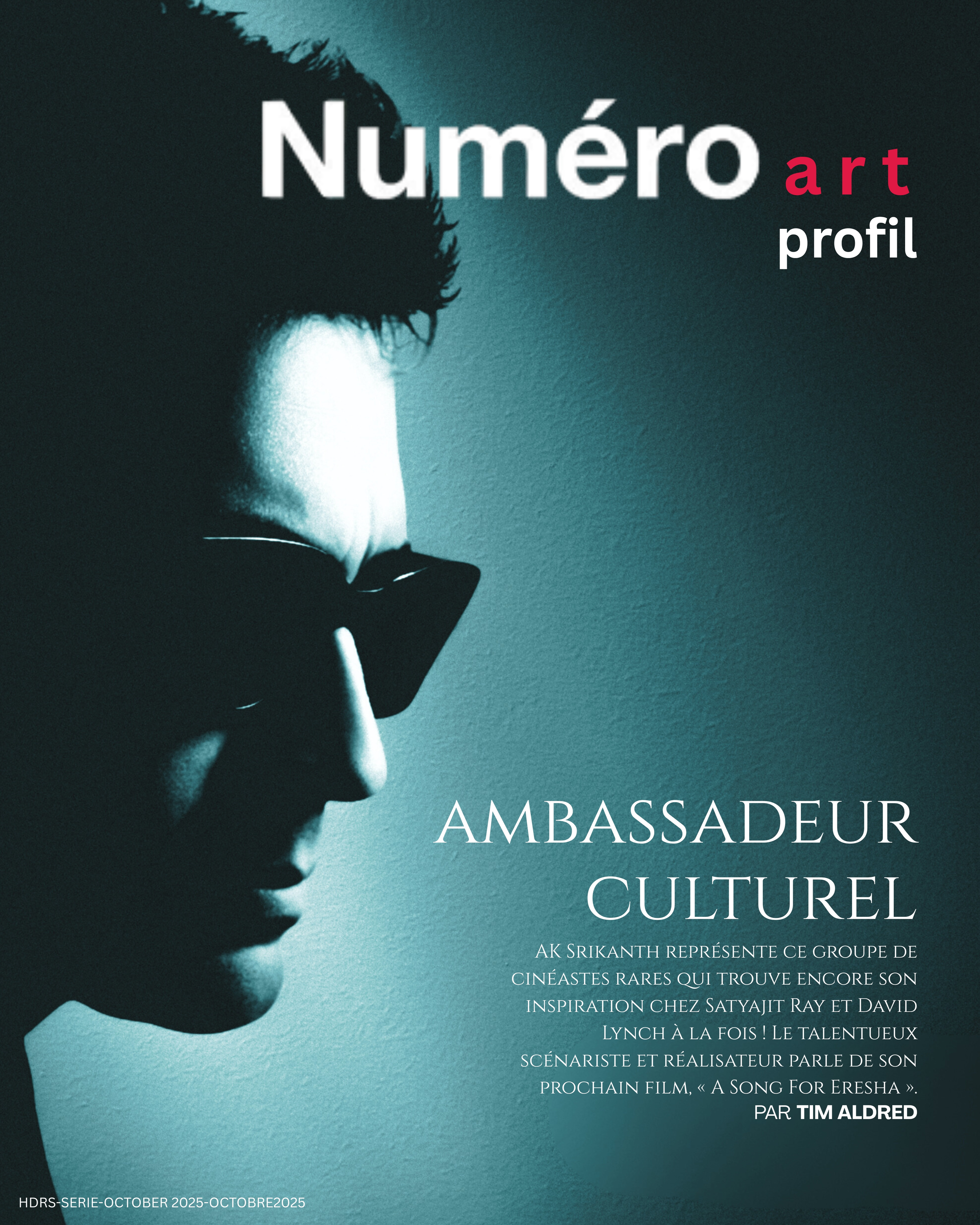 Magazine cover titled 'Numéro art profil' featuring a profile of a person wearing sunglasses, with a teal background, discussing an ambassador of culture and mentioning filmmaker Tim Aldred.