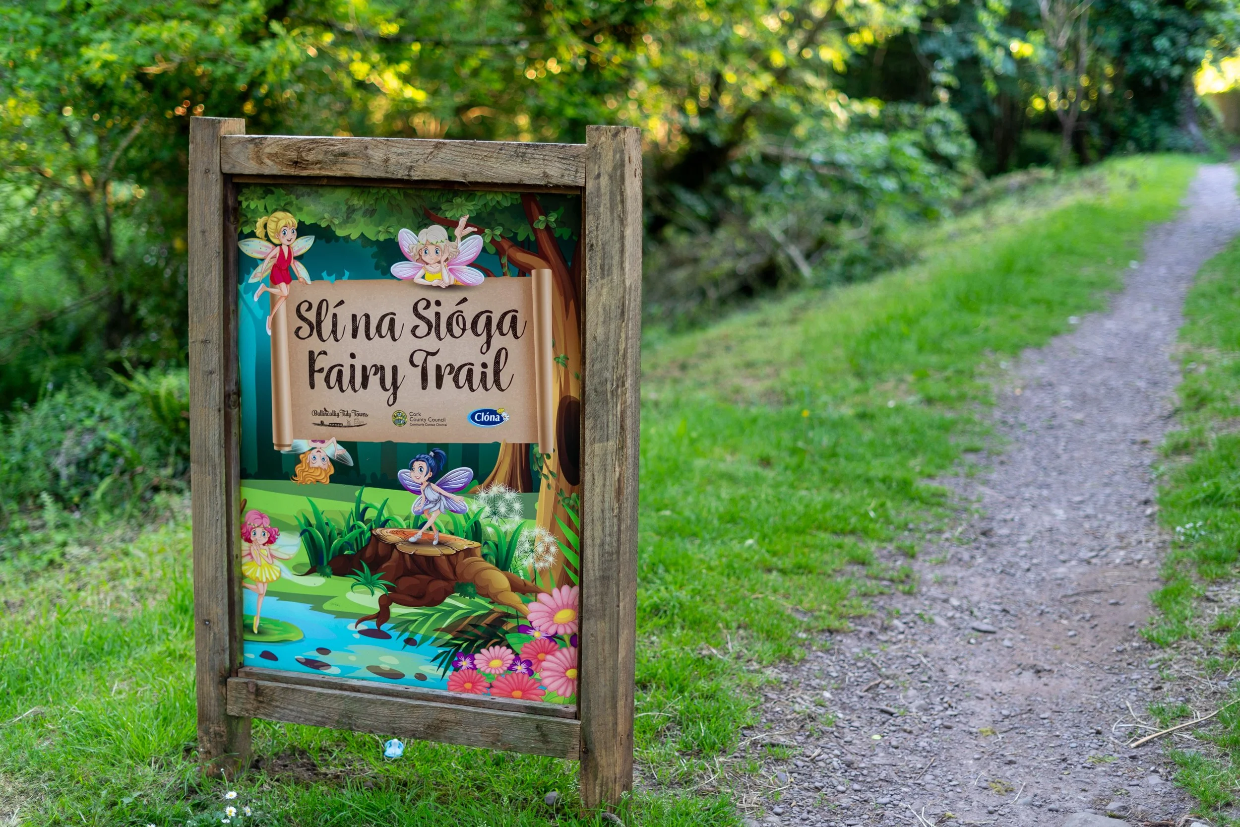 Sign for Fairy Trail on a woodland path
