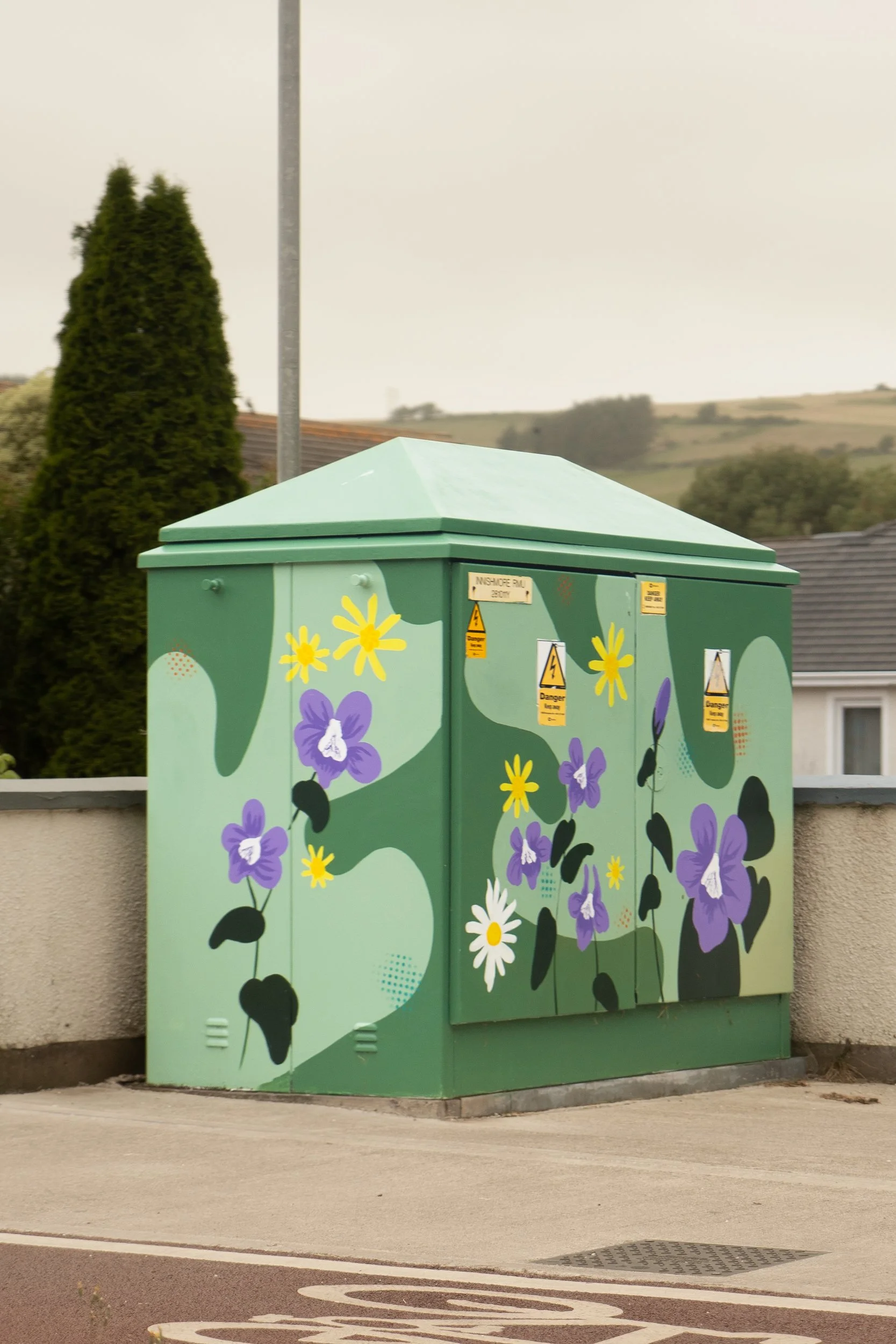 Front and side image of utility box painted with flowers on a green background.
