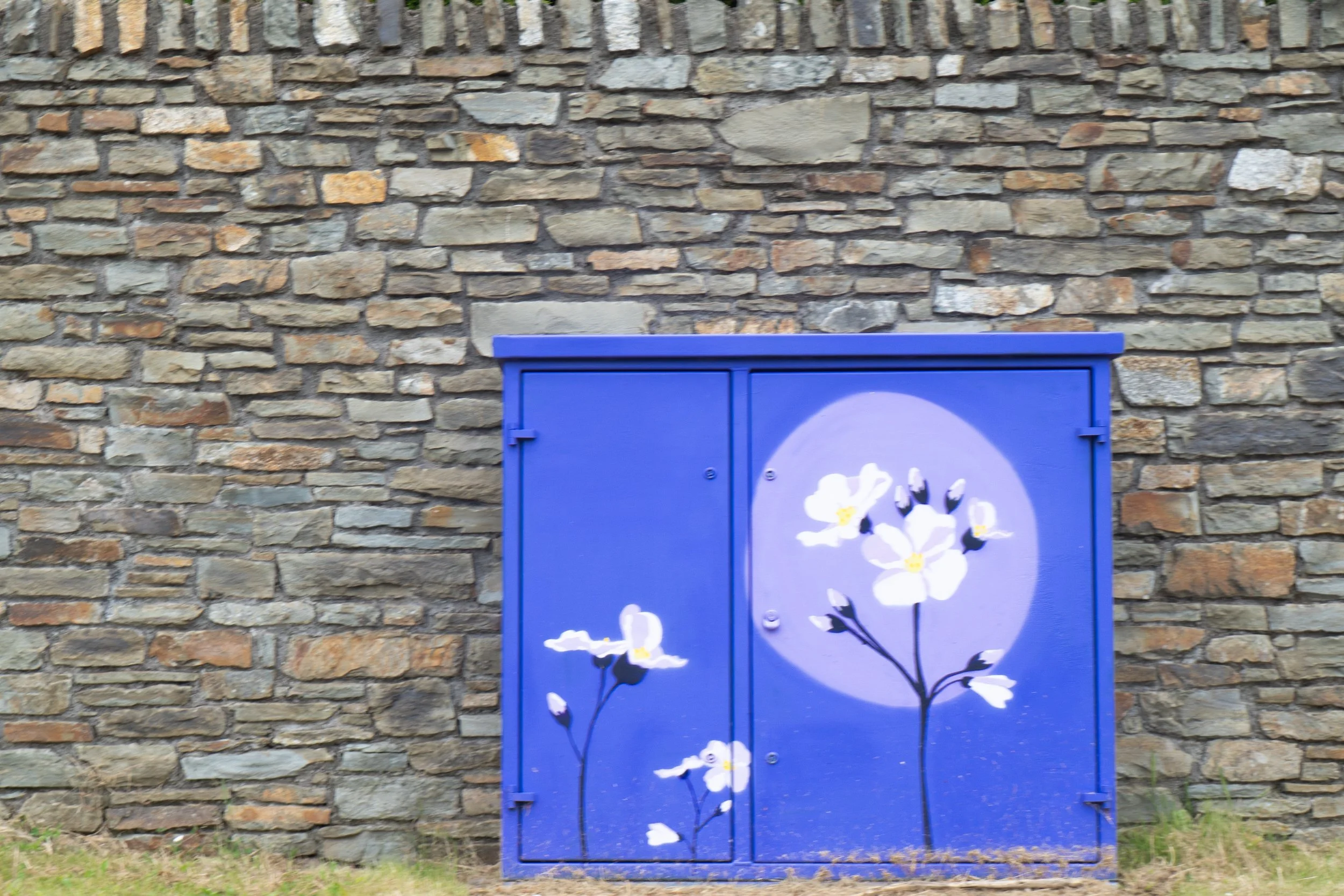Front image of utility box painted with flowers on a purple background. The box is set against a stonework wall.