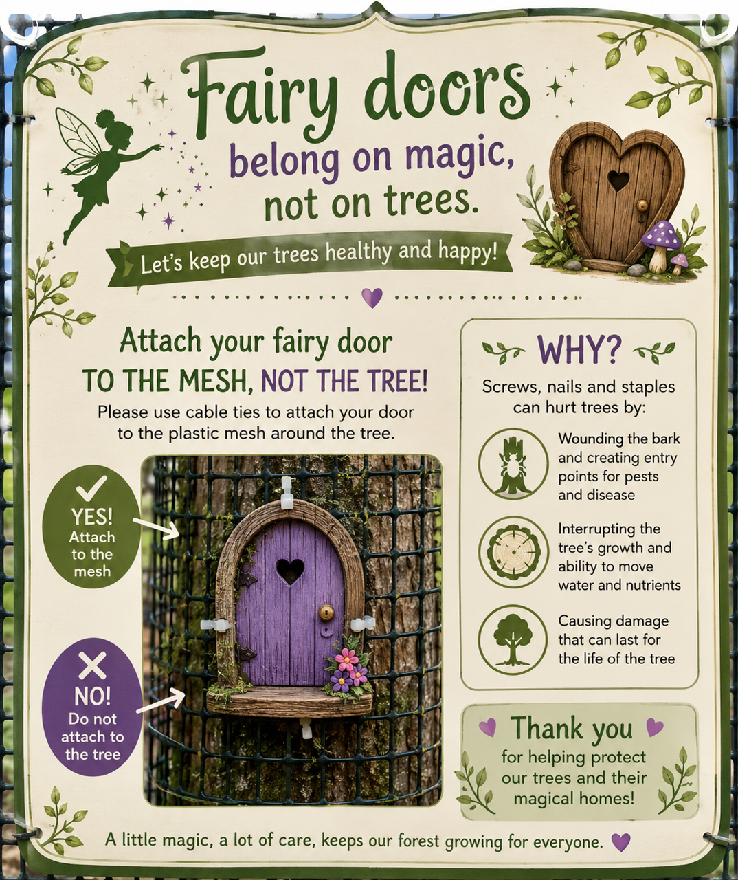 Poster with instructions for fitting fairy doors to the tree protective mesh