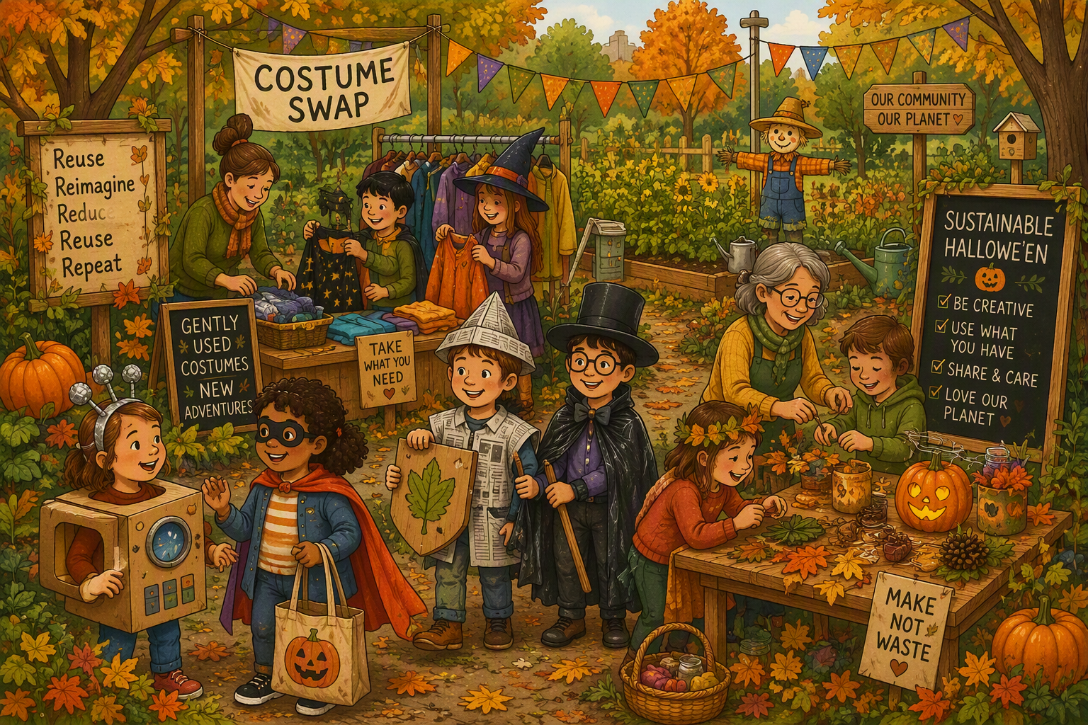 Storybook image of children enjoying a sustainable Hallowe'en