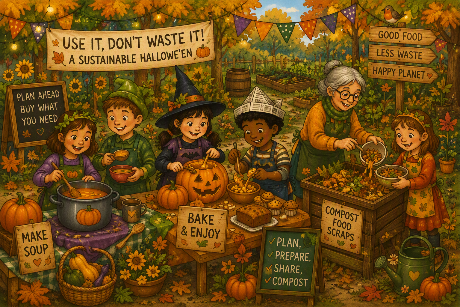 Storybook image of children and an adult cooking and composting from a used pumpkin.