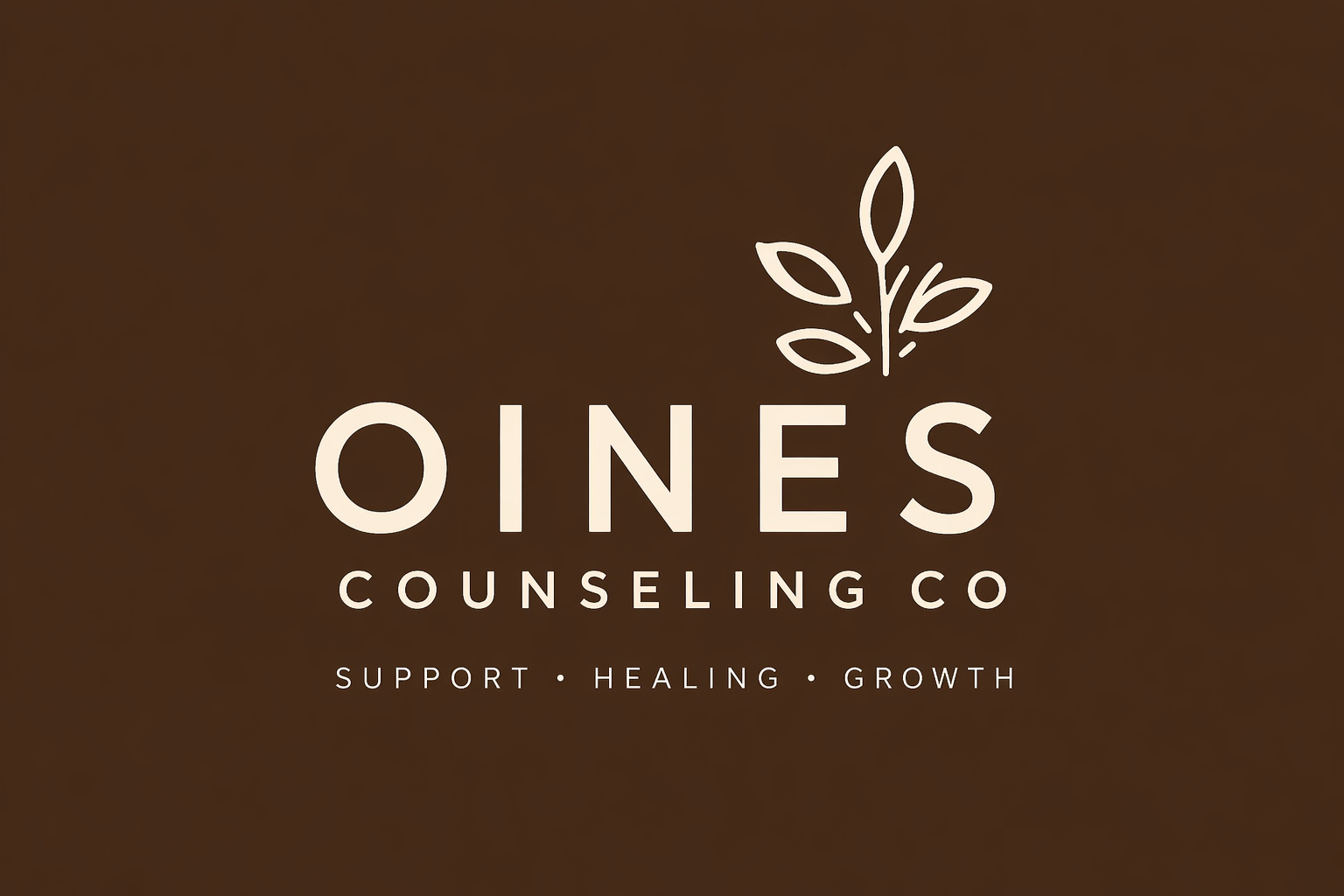 Logo with a brown background, white text reading 'Oines Counseling Co' with a small leaf illustration above the text and the words 'Support, Healing, Growth' below.