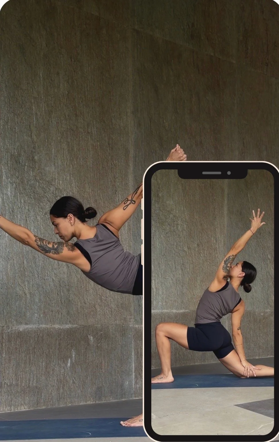 Mujer practicando yoga en diferentes posturas, vista desde un lado y a través de un teléfono móvil que muestra las mismas poses contra una pared de fondo.