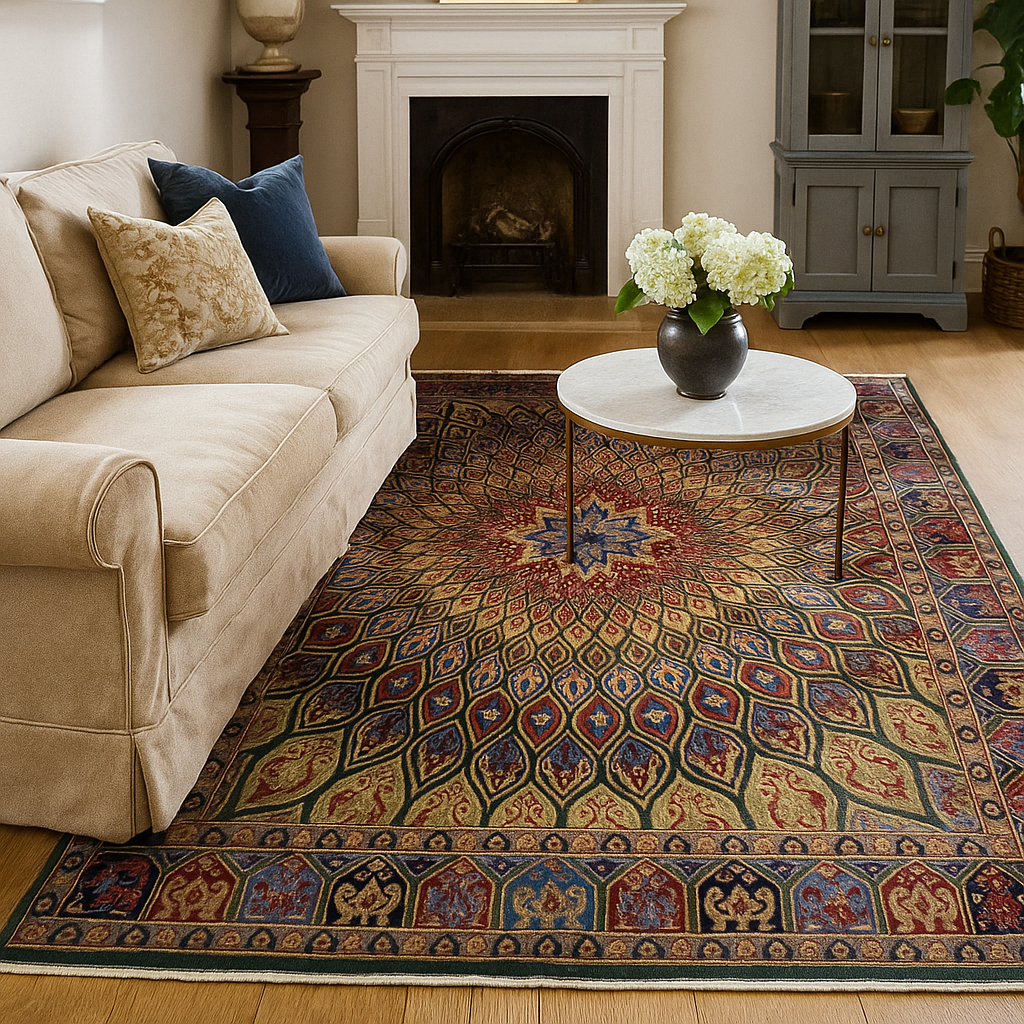 Sophisticated sunburst -   a Persian inspired beatuty,   160.000 knots/ m2 in hand spun natural dye chobi thread