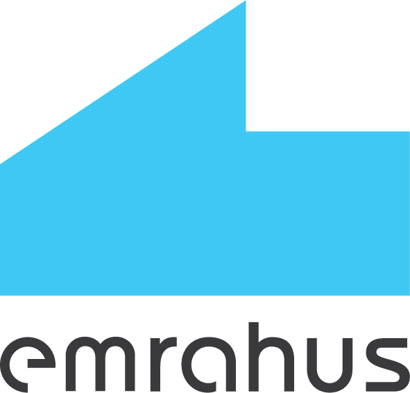 En ljusblå ikon av ett hus med ett tak och en växande växt, samt texten "emrahus" nedanför.