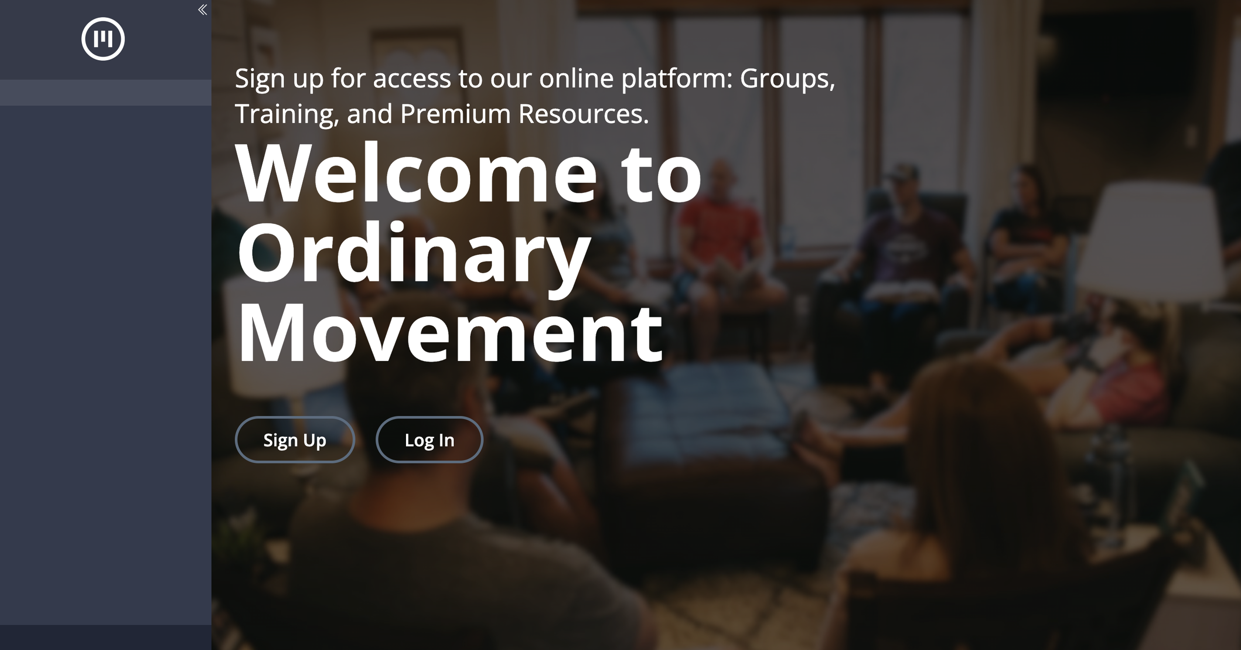 Ordinary Movement app welcome screen with sign up and log in buttons for discipleship group leaders
