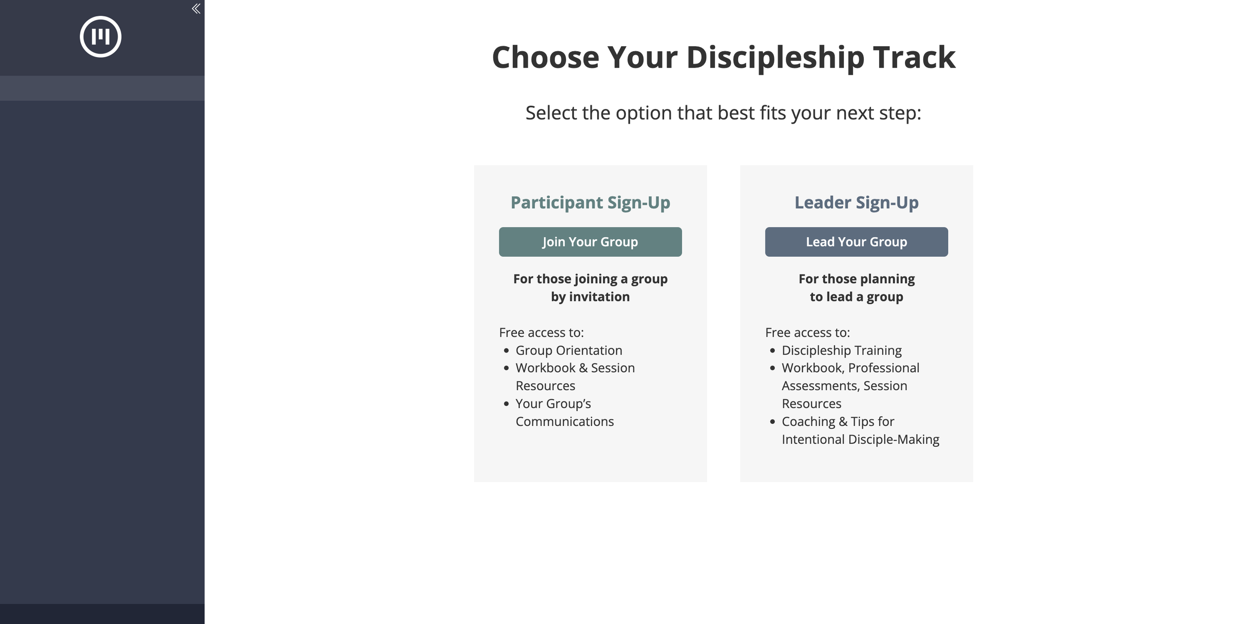 Choose your discipleship track screen showing participant and leader sign-up options for men's women's or co-ed groups