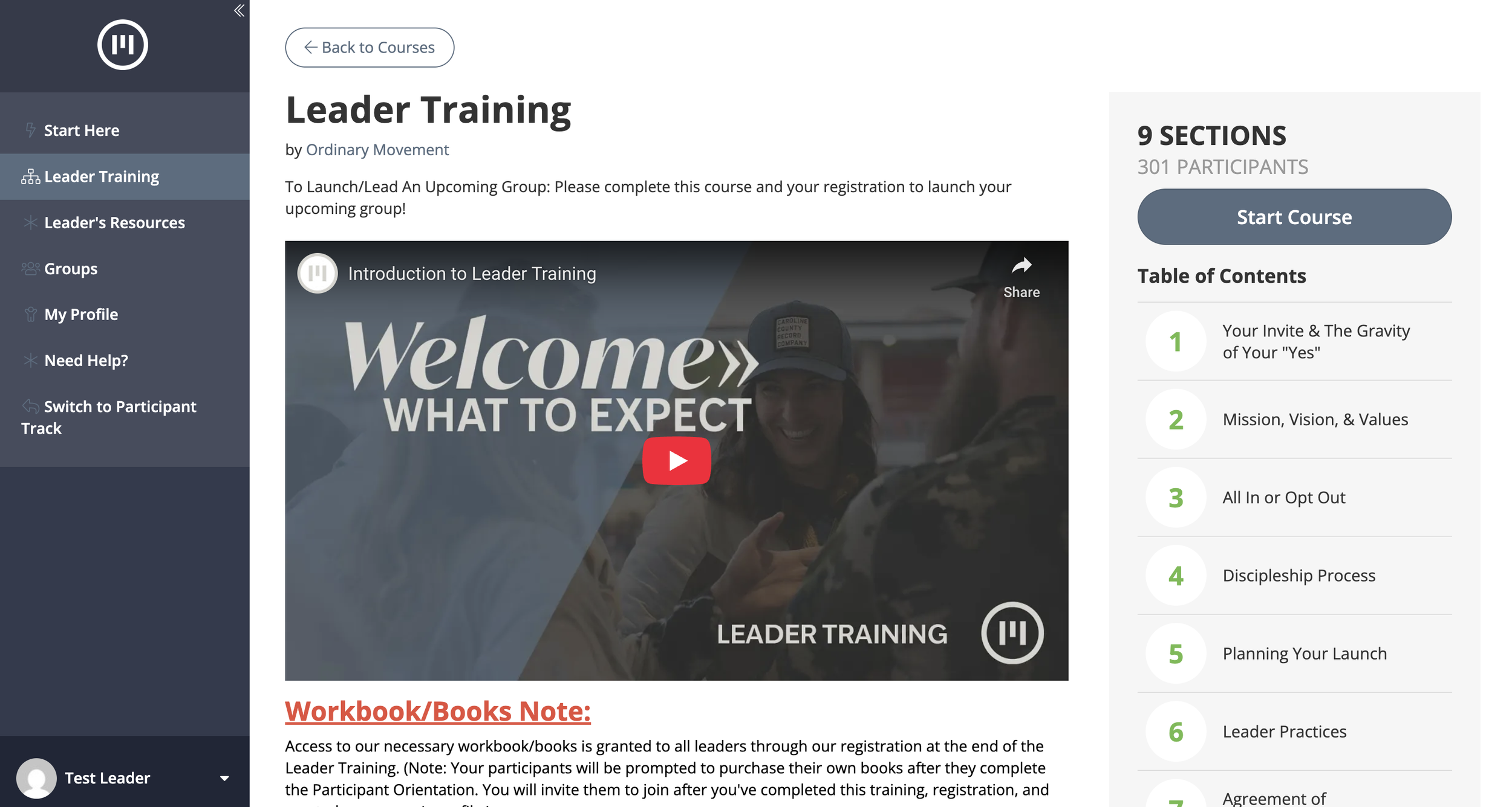 Discipleship group leader training course with welcome video and 9-section curriculum in Ordinary Movement app