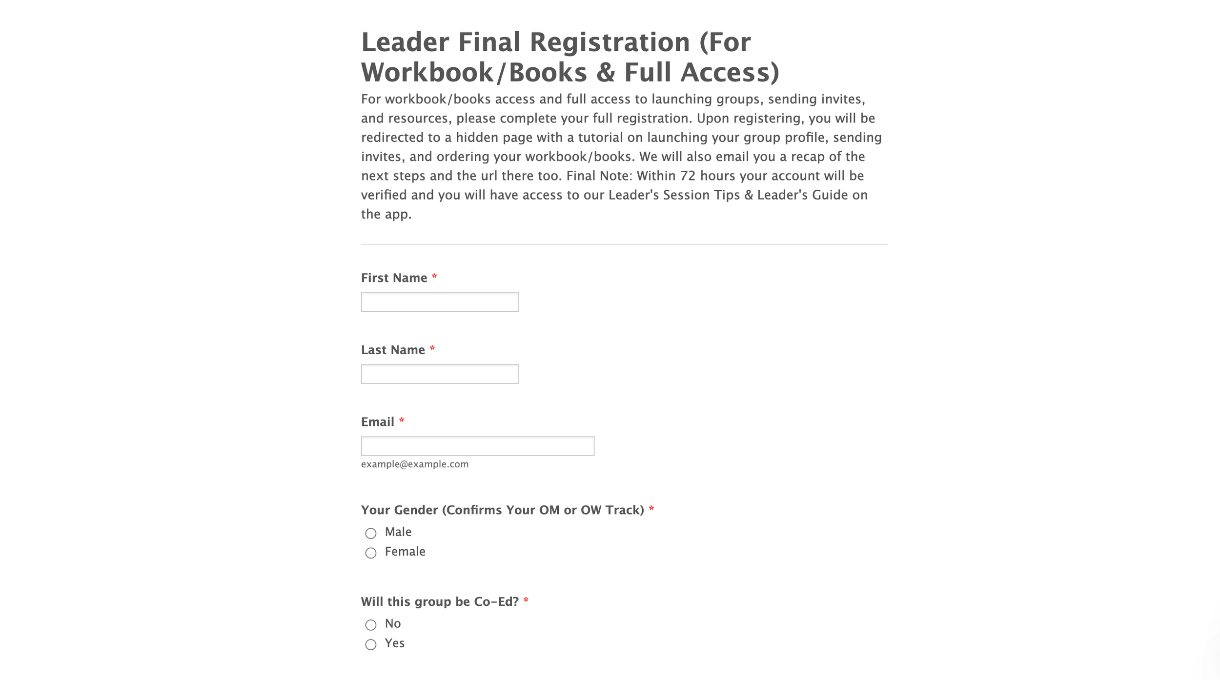 Discipleship group leader registration form for workbook access and full platform features