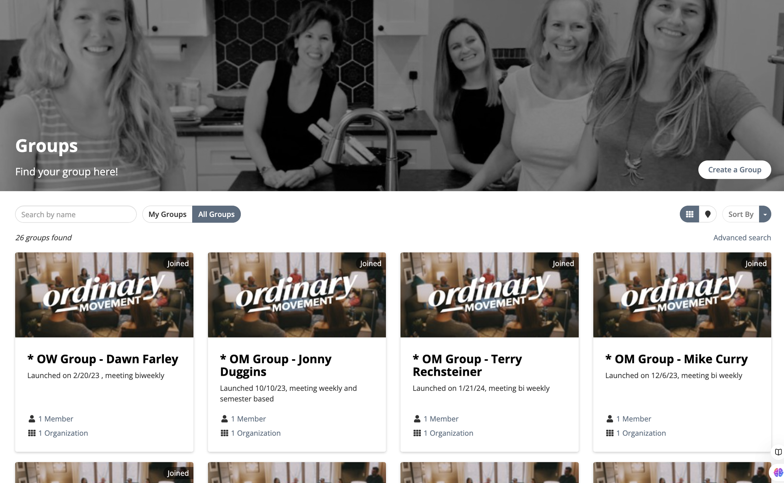Discipleship group management dashboard showing active groups and leader profiles in Ordinary Movement app