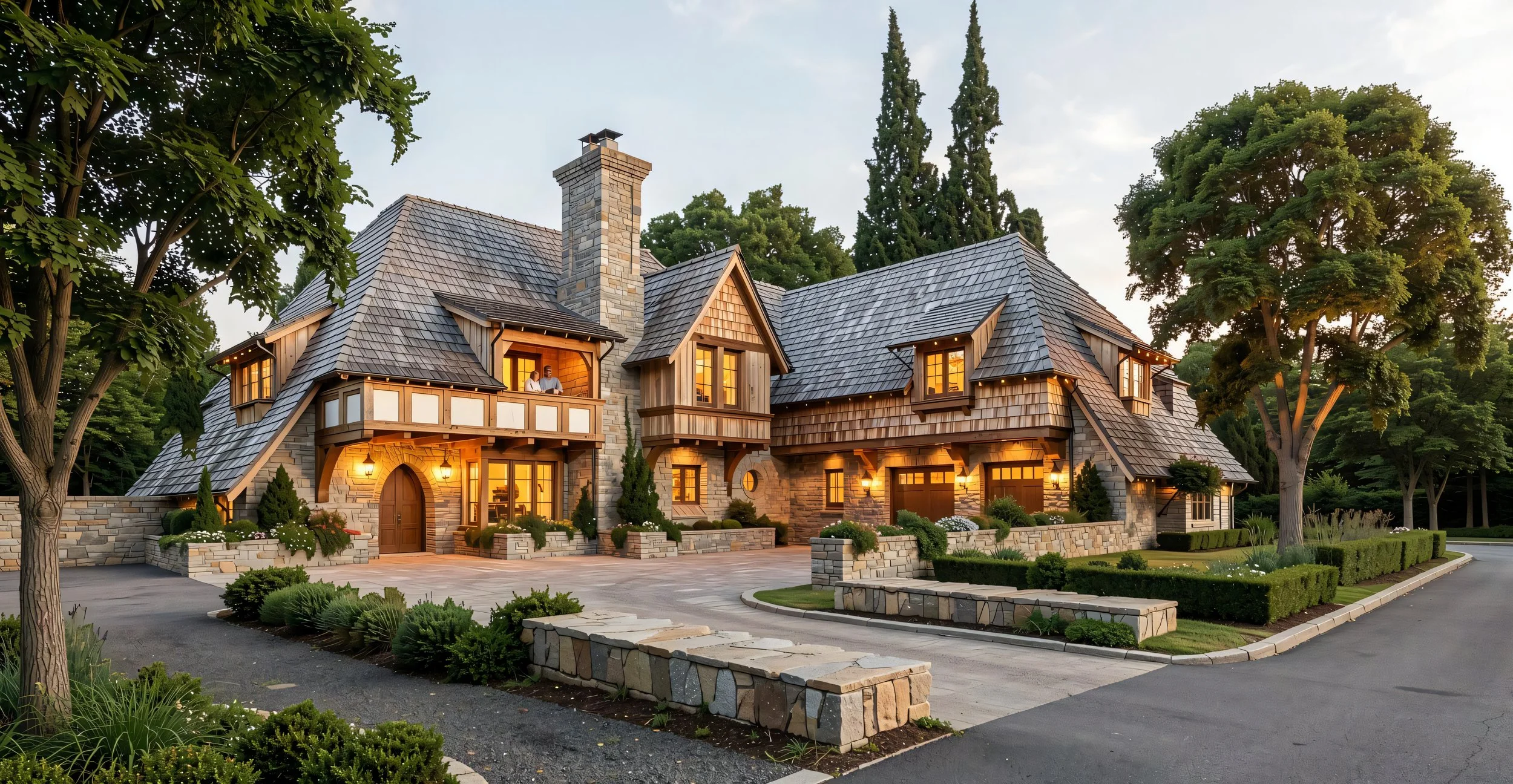 A large, elegant house made of stone and wood, with a steep slate roof, a chimney, and multiple windows glowing with warm light. It is surrounded by lush greenery and trees, with a well-maintained driveway and landscaped garden in the evening.