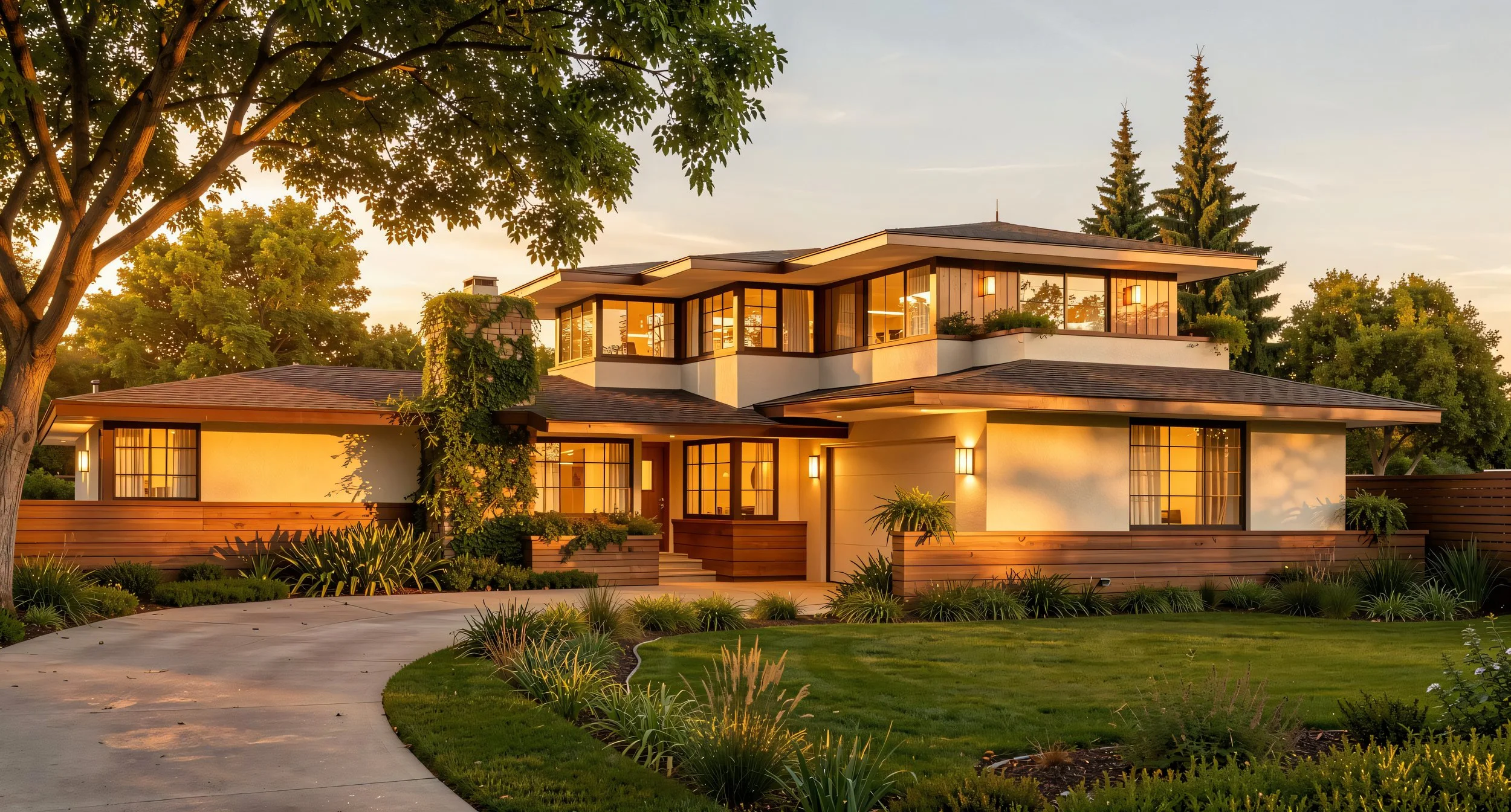 A modern two-story house with large glass windows, surrounded by a landscaped yard with trees, shrubs, and a curved pathway, during sunset