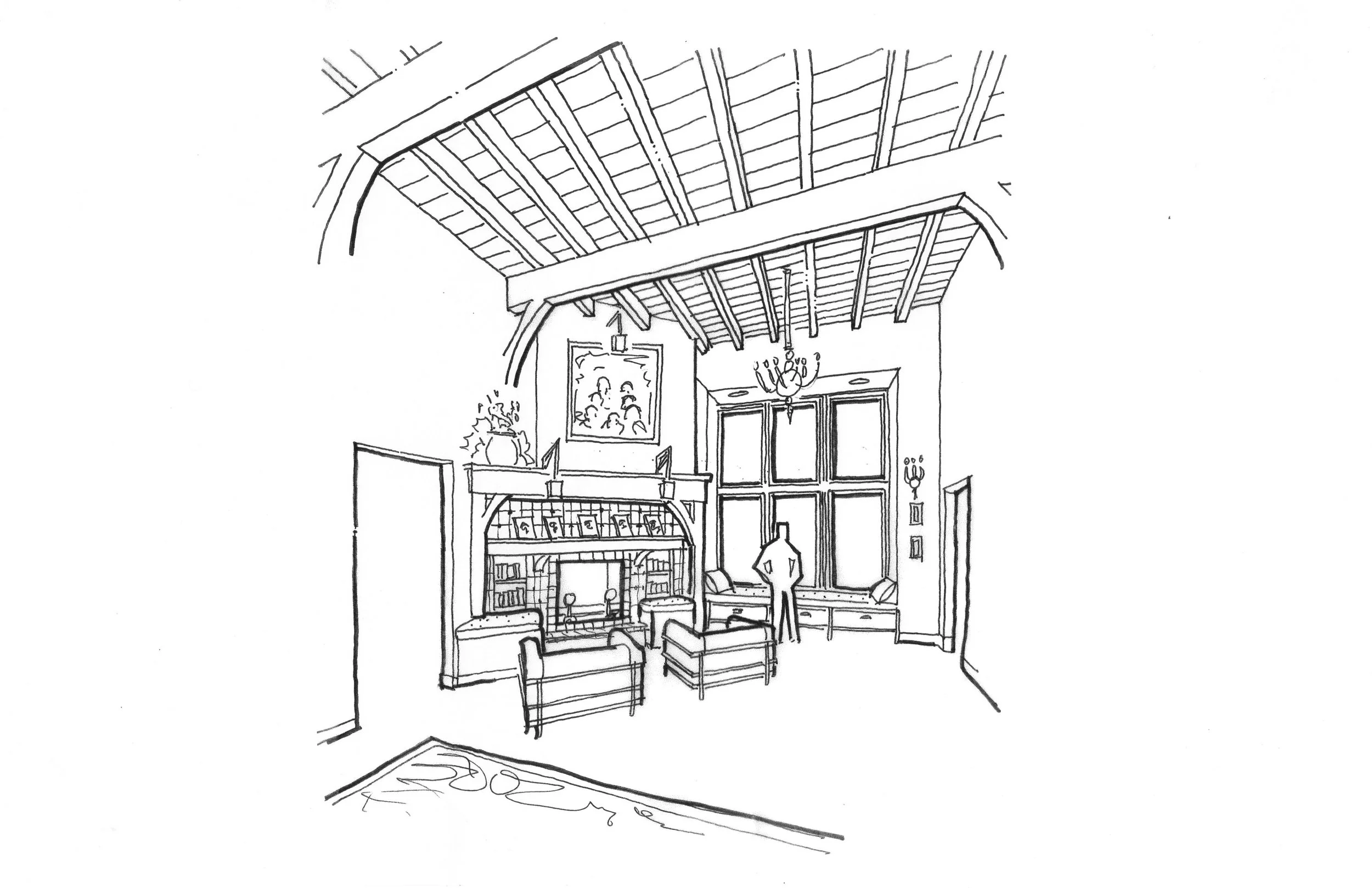 Black and white sketch of a cozy living room with a high, sloped ceiling and exposed wooden beams, a large colorful painting on the wall, a person standing, and comfortable furniture arranged around a fireplace.