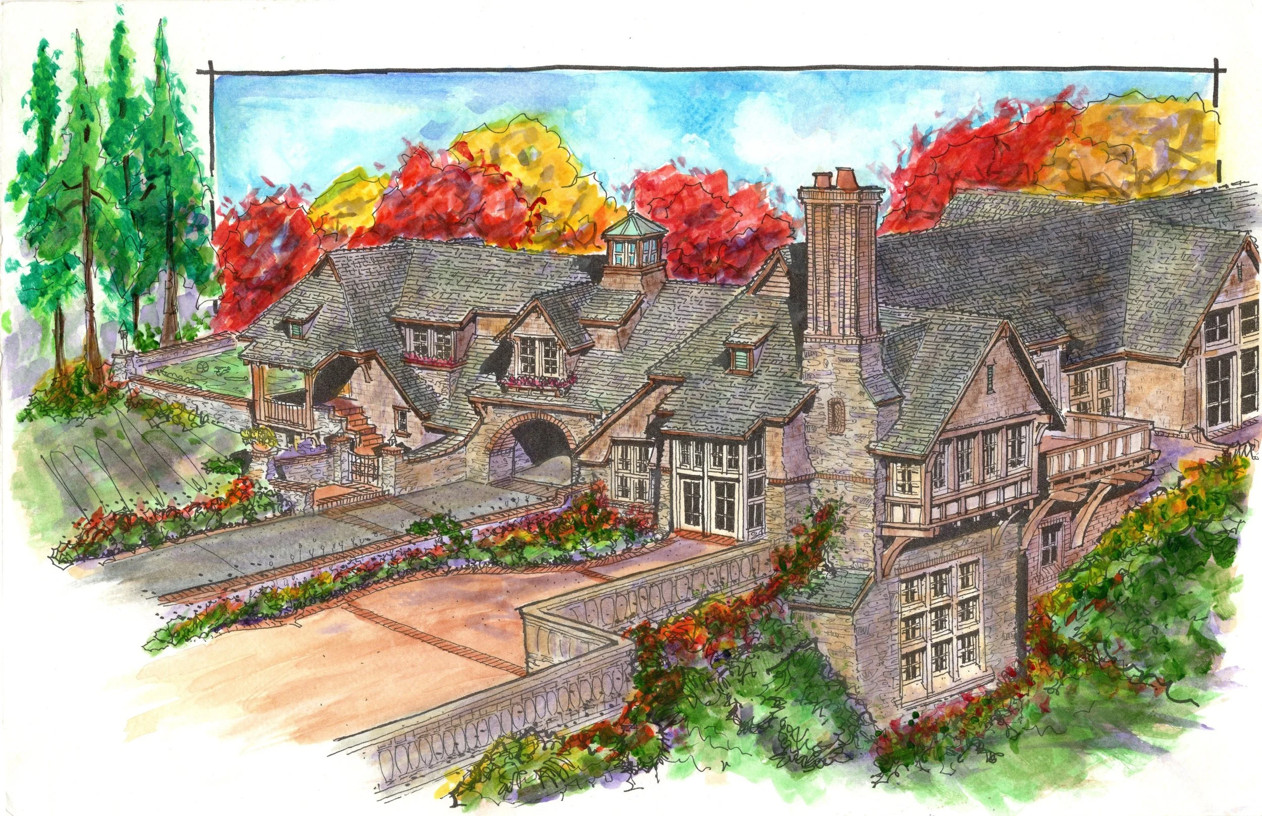 A colorful watercolor painting of a large house with a slate roof, surrounded by trees with fall foliage in red, yellow, and orange. A brick chimney and a tower with a green roof are visible on the house, with a porch and flower beds in the foregroun