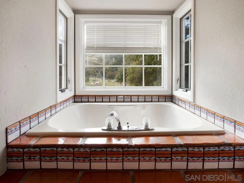 Bathroom bathtub with colorful tile trim and windows in the background.