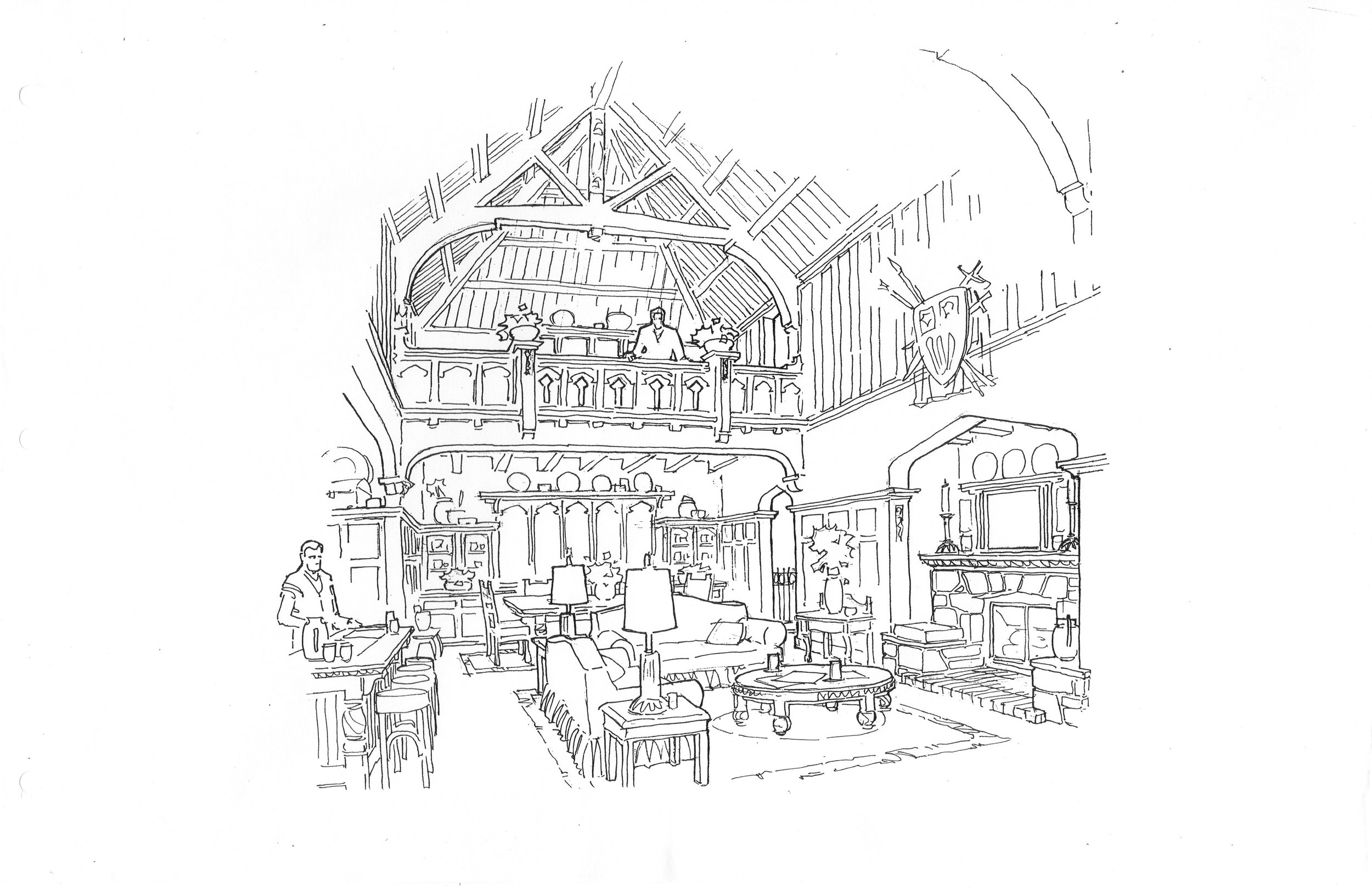A black and white line drawing of an interior of a cozy, rustic living space with a high, vaulted ceiling with exposed beams, a mezzanine or balcony area, and various furniture including sofas, chairs, and tables. The scene includes a woman standing 