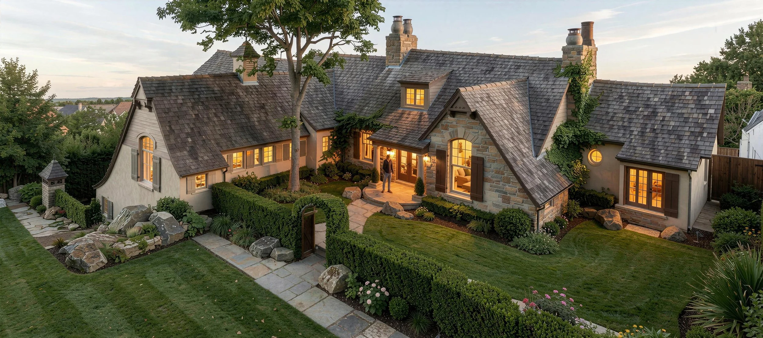 A large house with a stone and stucco exterior, multiple gabled roofs with gray shingles, and lit windows. The front yard features a manicured lawn, plants, rocks, and a stone pathway. A person stands at the front door.