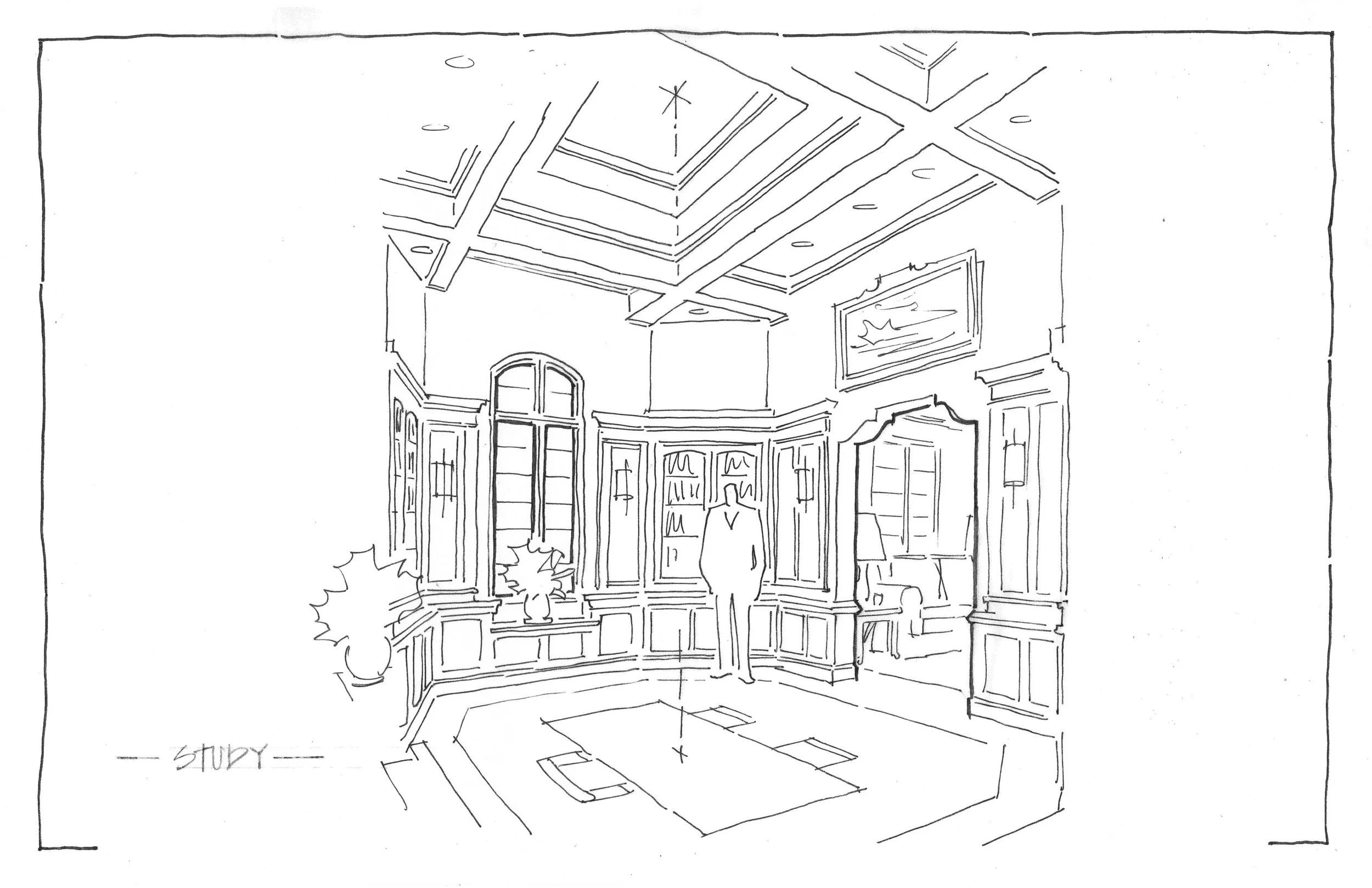 A detailed sketch of a study room with wood-paneled walls, large windows, a central portrait, a bookshelf, and furnishings, labeled with the word 'STUDY' at the bottom.
