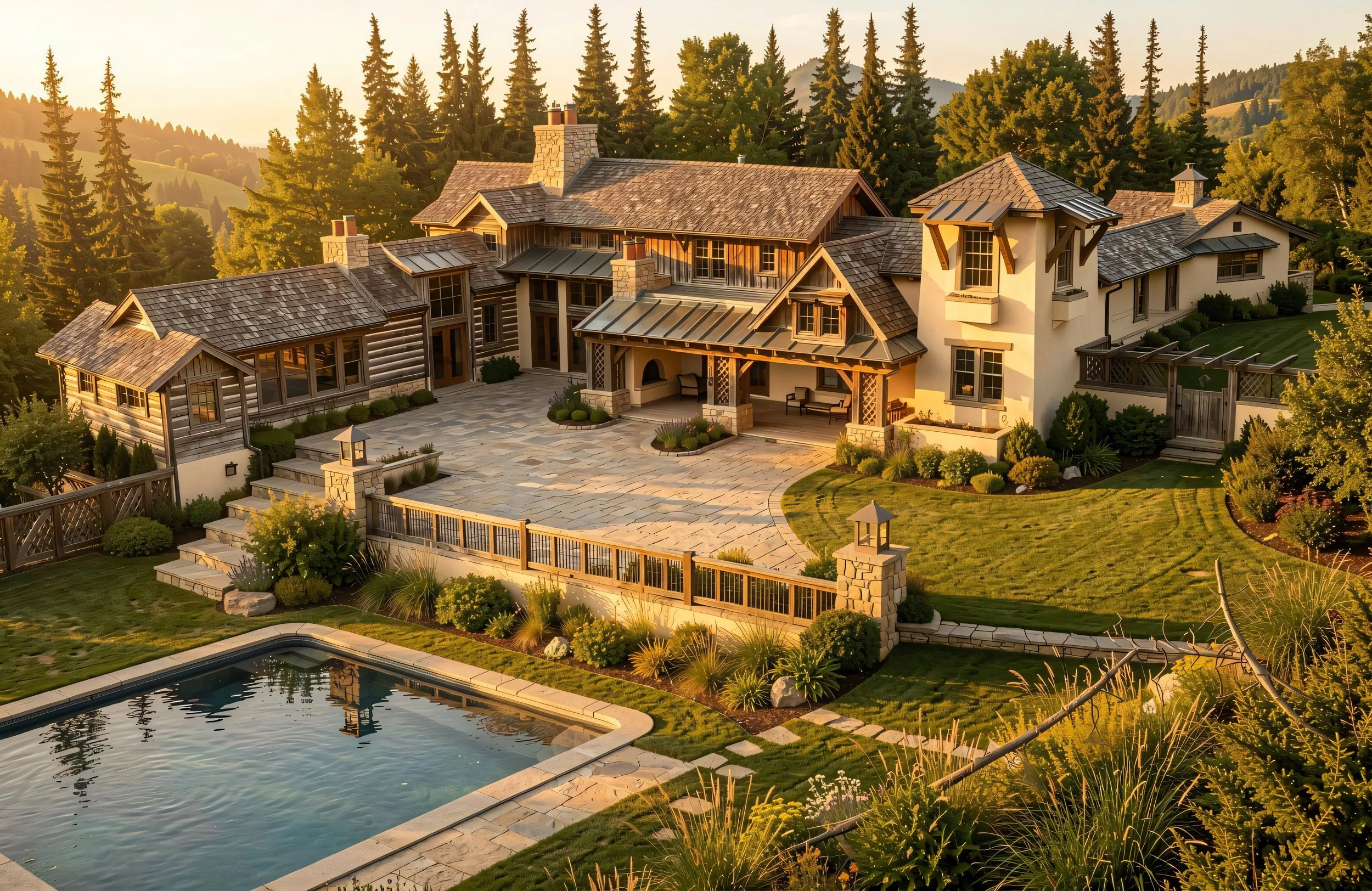 A large house with multiple gabled roofs, stone chimneys, and a mix of wooden and stucco exterior in a mountainous wooded area during sunset. There is a stone patio, a swimming pool, and landscaped gardens.