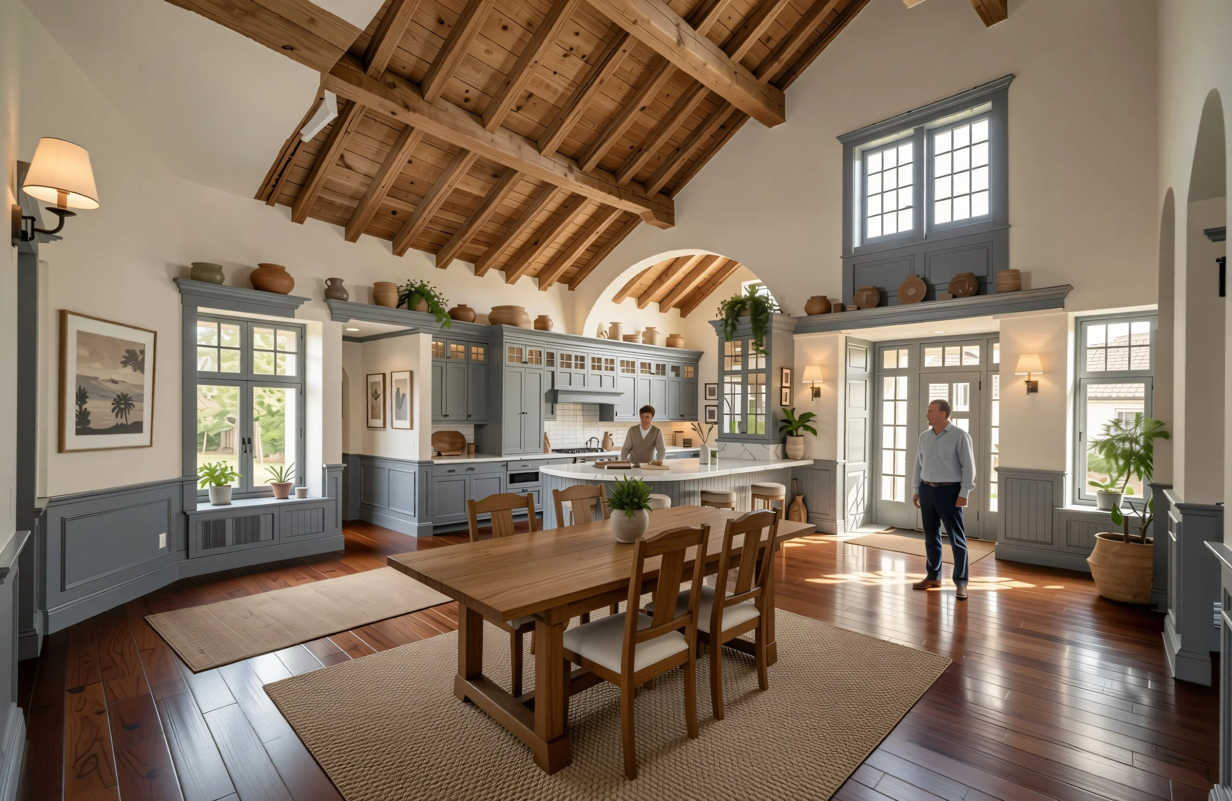 Spacious kitchen and dining area with high vaulted wooden ceiling, large windows, and light gray cabinetry. Two people are present, one in a white shirt and the other in a tan cardigan, near the kitchen island. Wooden dining table with chairs is in t