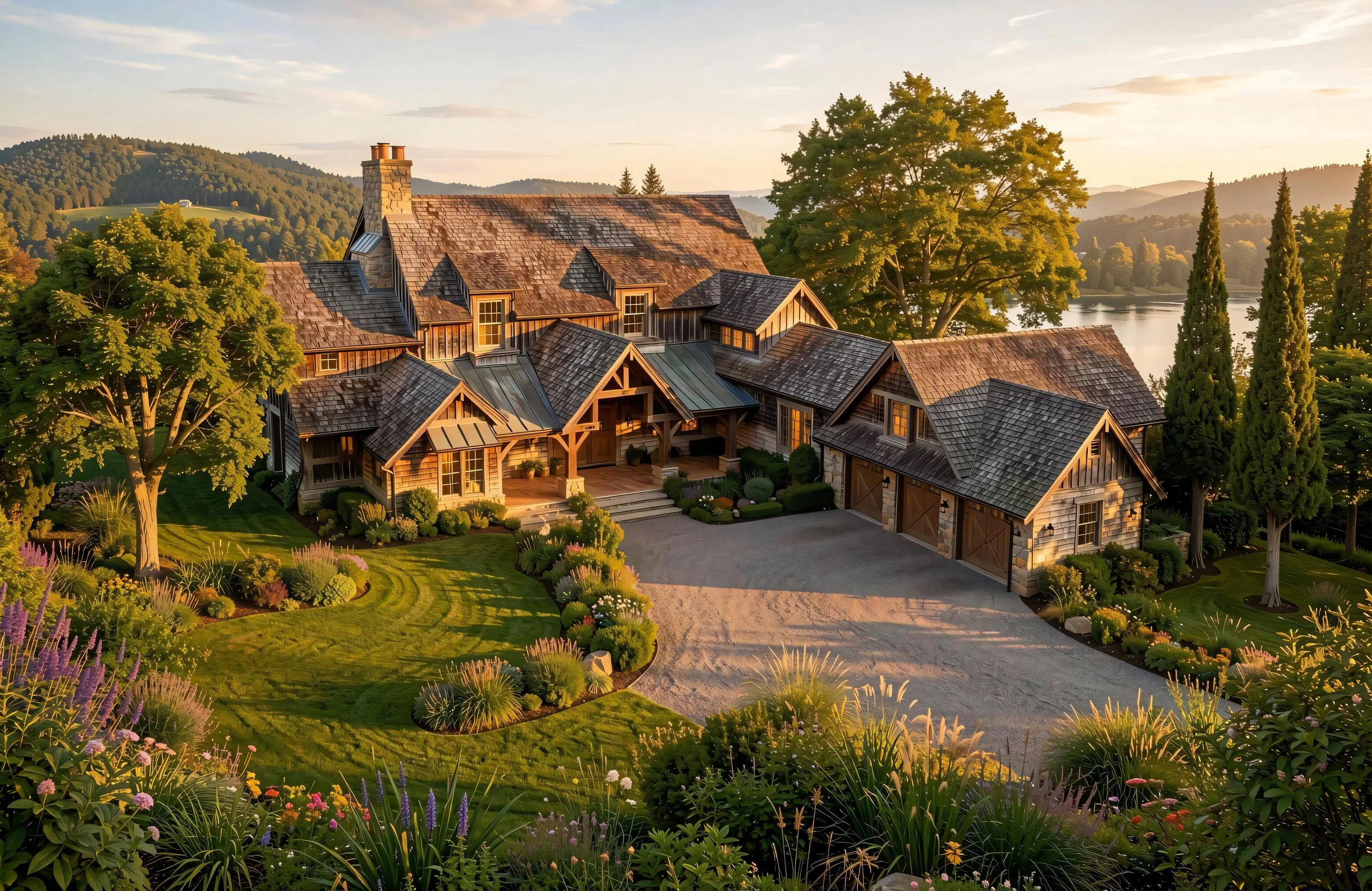 A large rustic house surrounded by lush greenery, trees, and colorful flowers, with a driveway leading up to it, overlooking a body of water with hills in the background, during sunset.