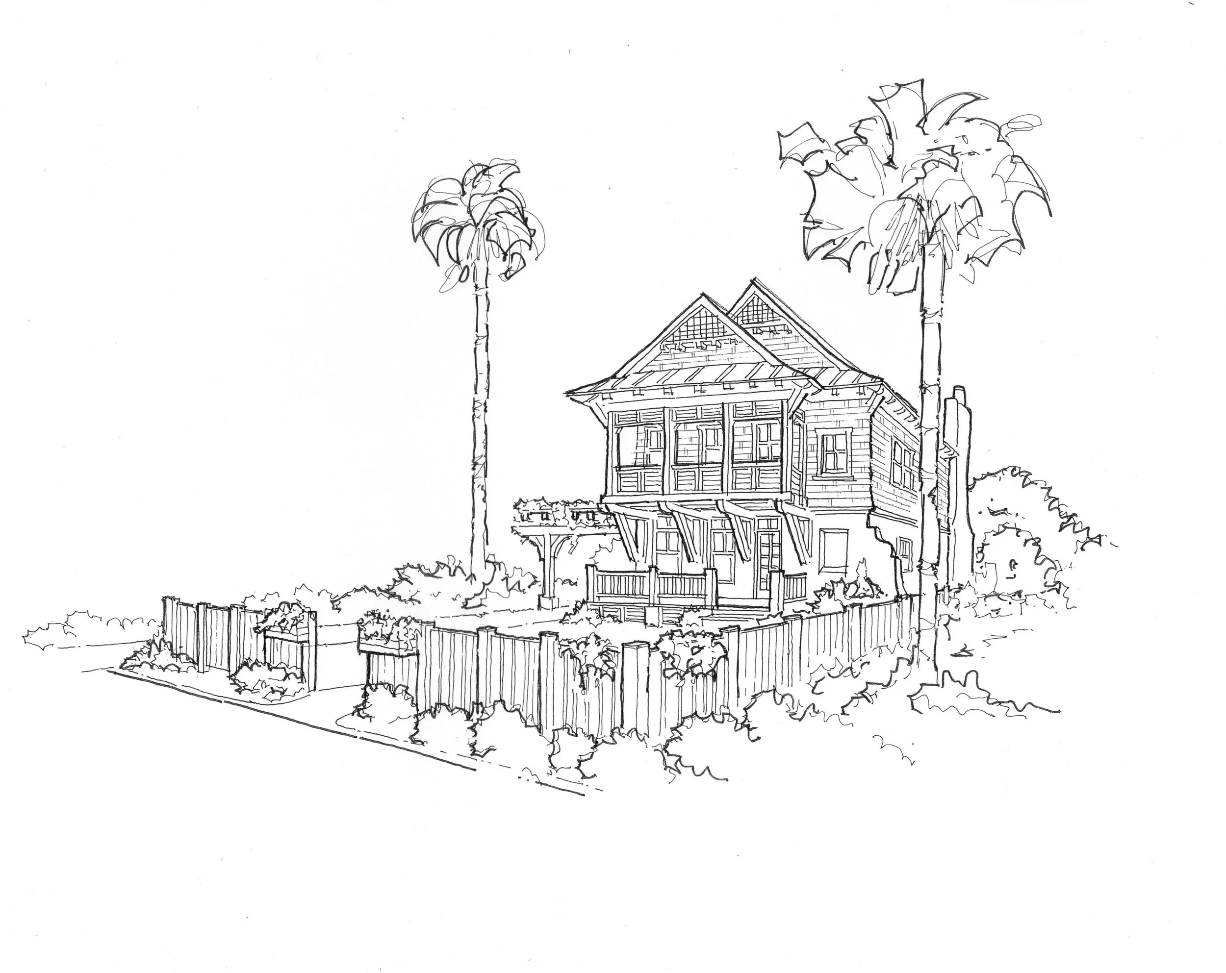 A line drawing of a two-story house with architectural details, surrounded by a wooden fence and trees, including two tall palm trees.