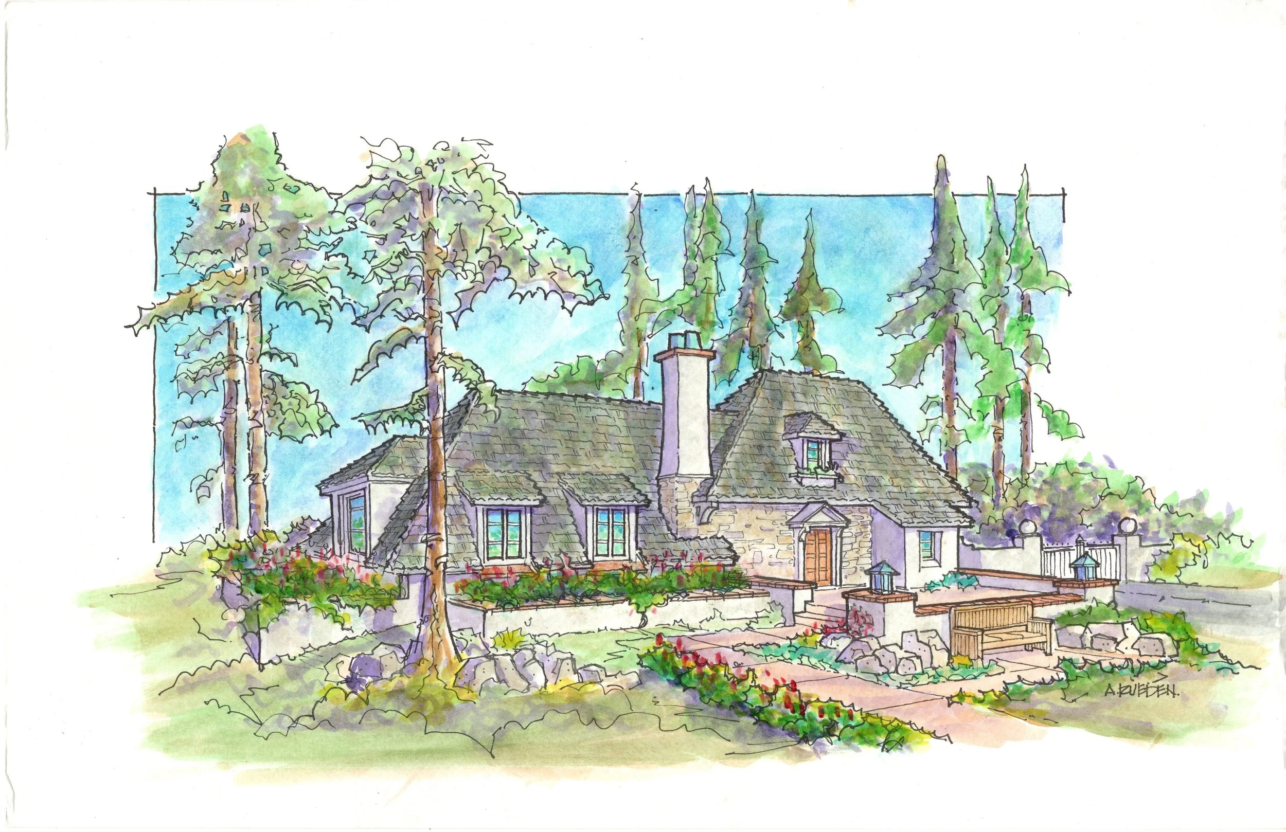 A watercolor painting of a house with a sloped roof, chimney, and multiple windows, surrounded by trees and a garden with colorful plants and flowers.